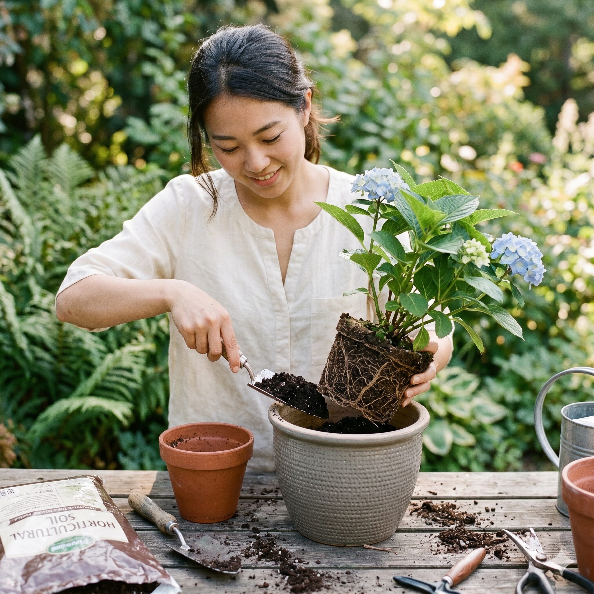 紫陽花を植える時期3　紫陽花を植える時期に合わせて行う、根を崩さない鉢植えの鉢増し植え替え作業