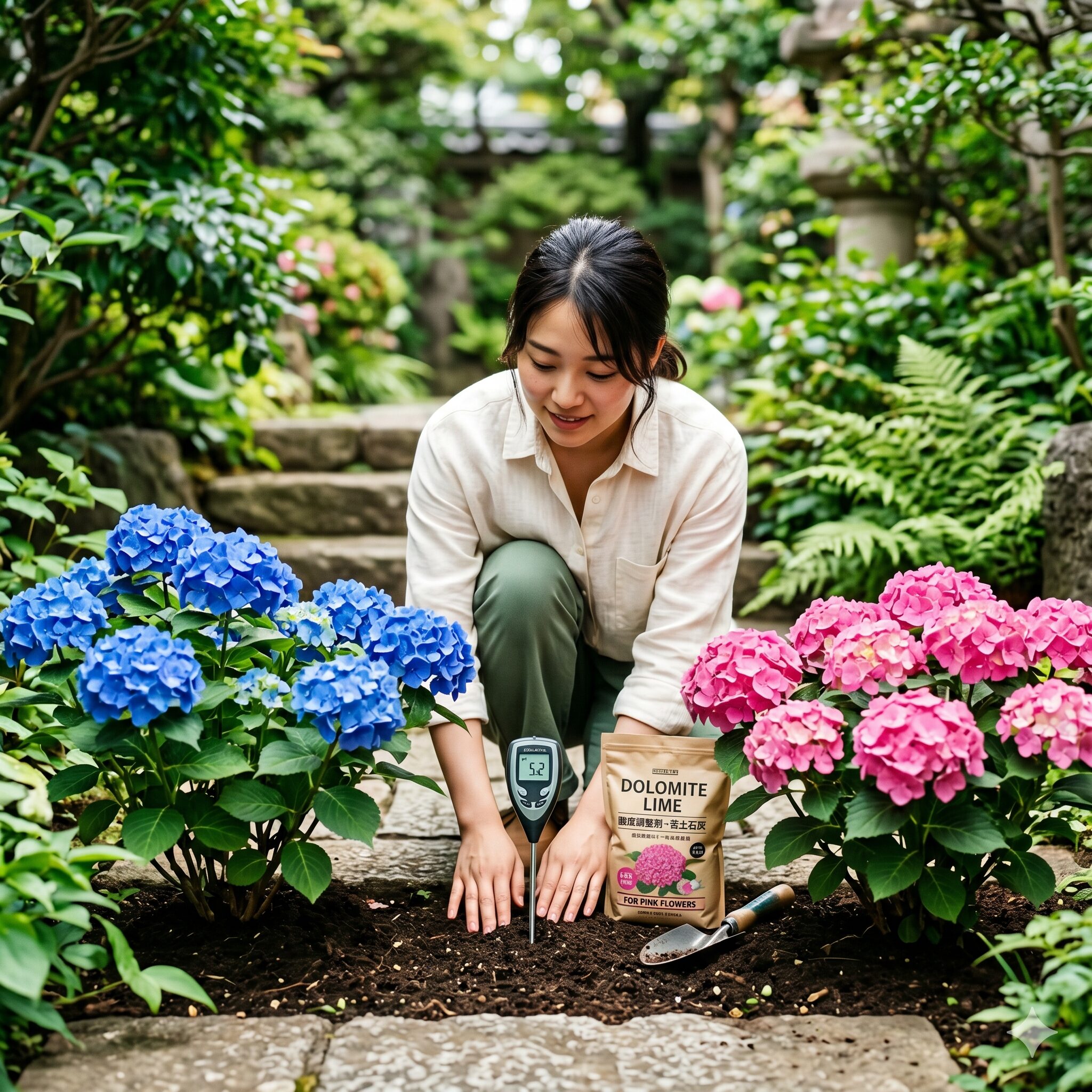 紫陽花を植える時期8　紫陽花を植える時期の土壌改良で決まる、青色とピンク色のアジサイの花色調整