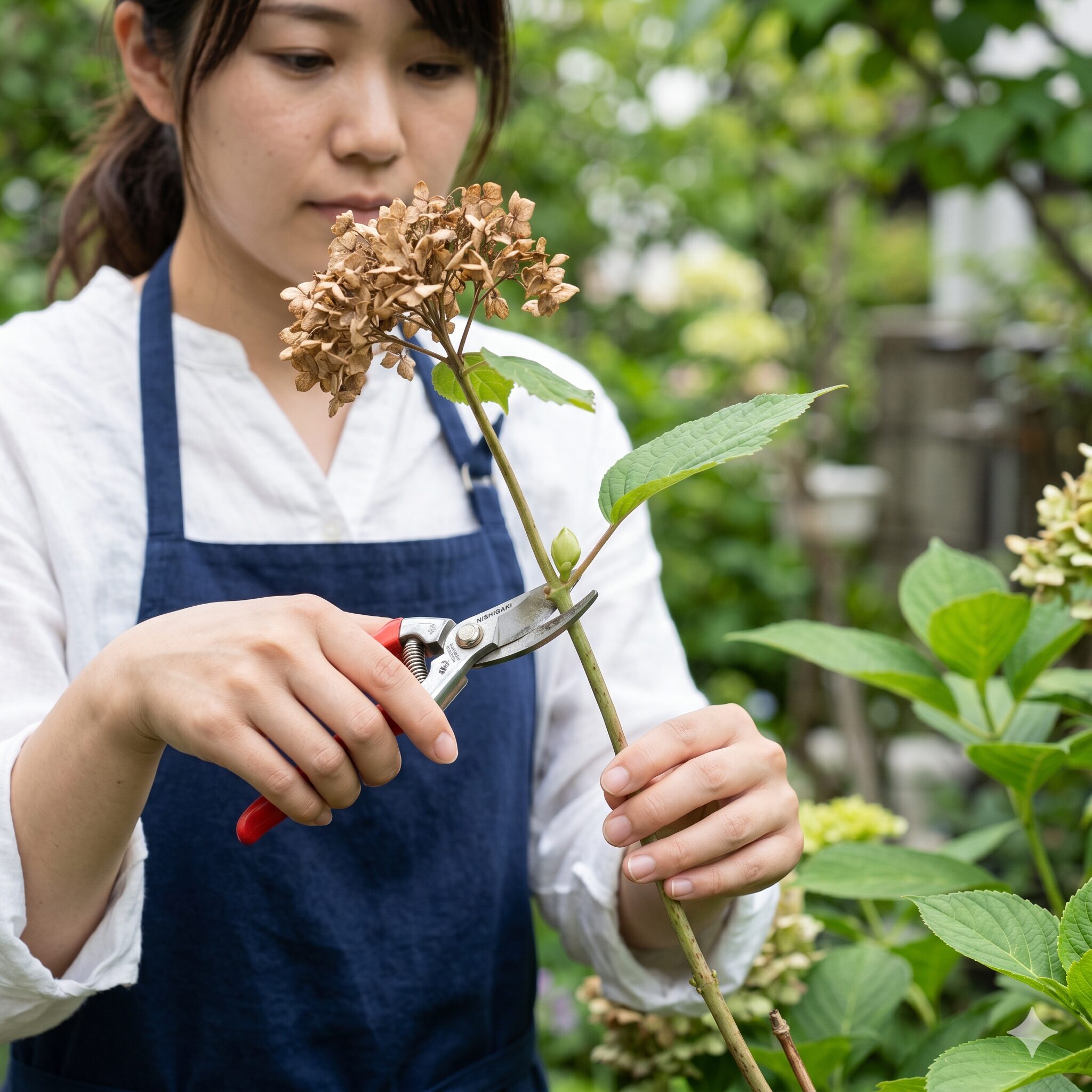 紫陽花を植える時期9　紫陽花を植える時期と同様に重要な、翌年の花を咲かせるための正しい剪定位置