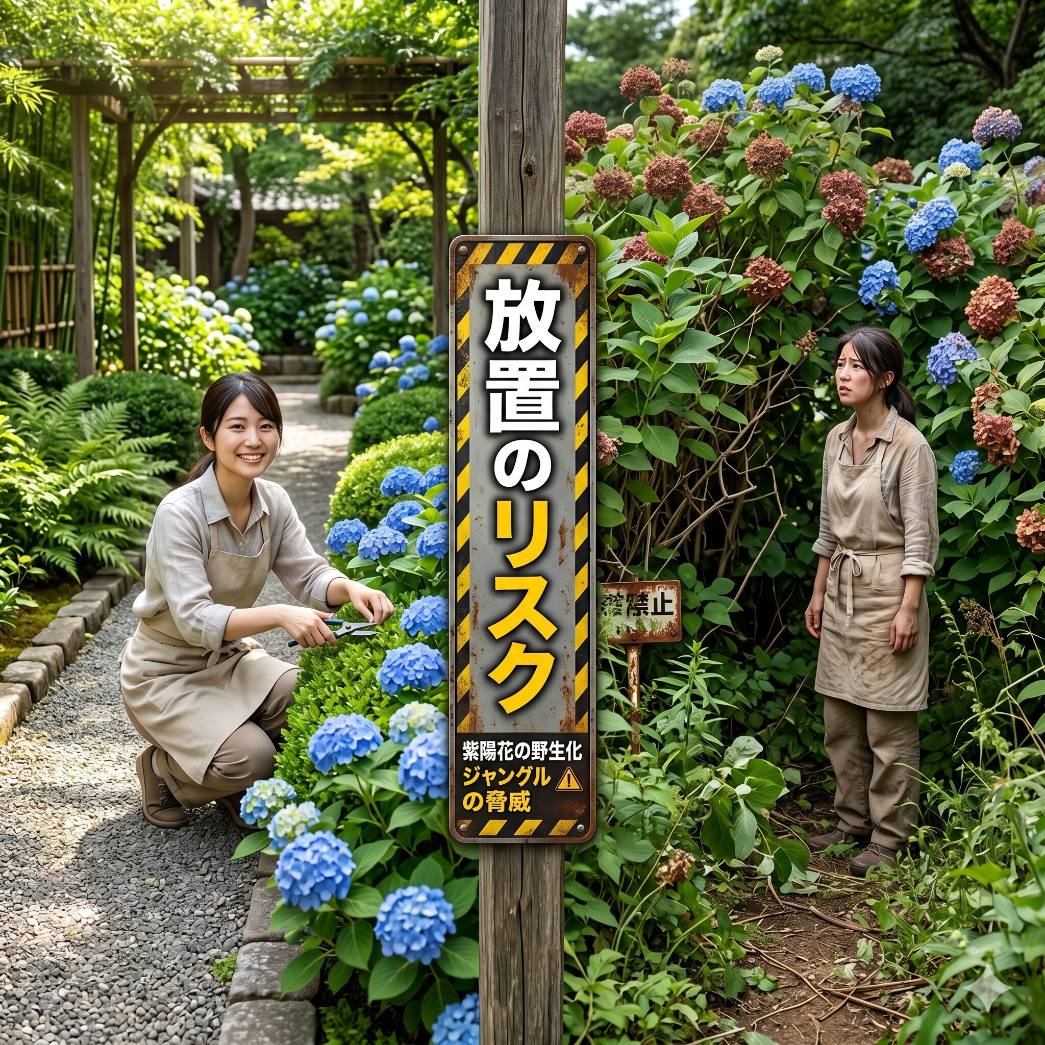 紫陽花剪定しないとどうなる1　適切に剪定された紫陽花と、放置されて巨大化した紫陽花の比較アイキャッチ画像