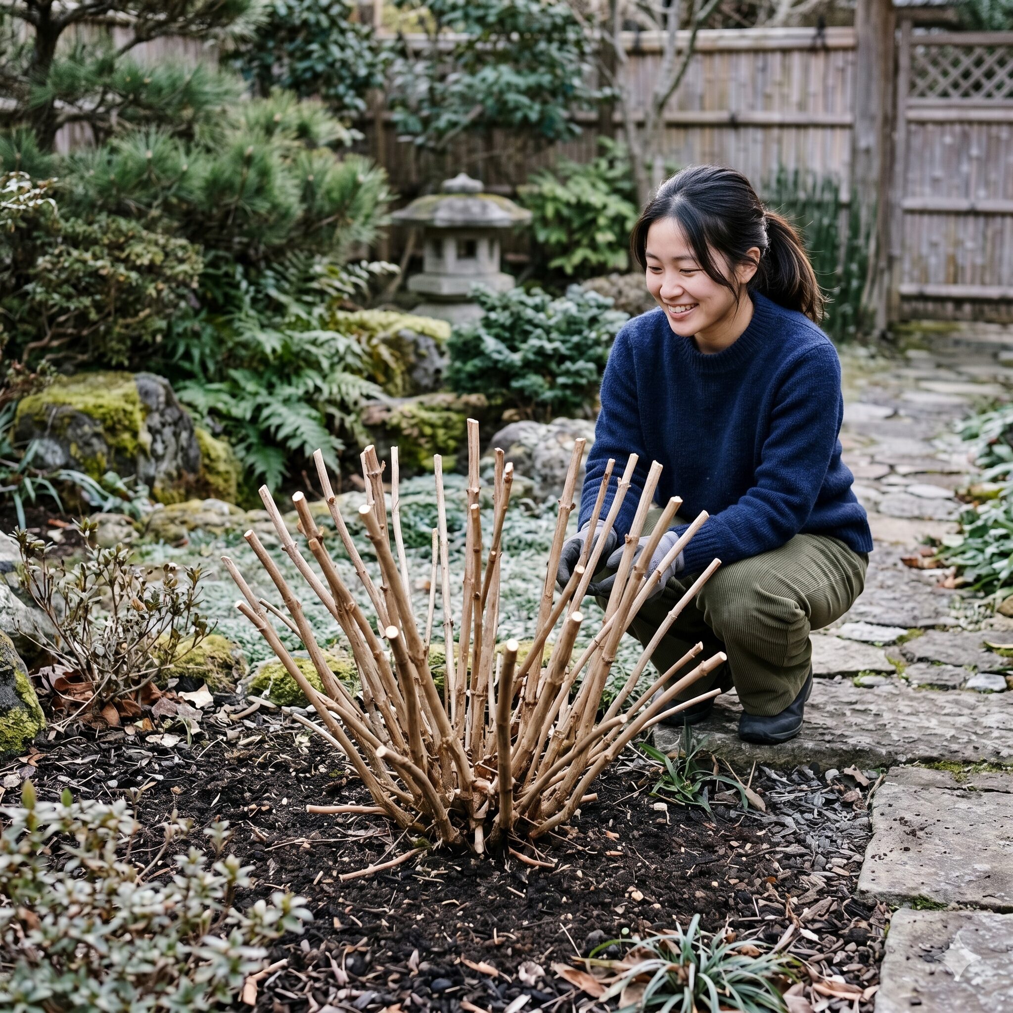 紫陽花剪定しないとどうなる10　巨大化した株を復活させるために冬に行った紫陽花の強剪定（切り戻し）後の姿