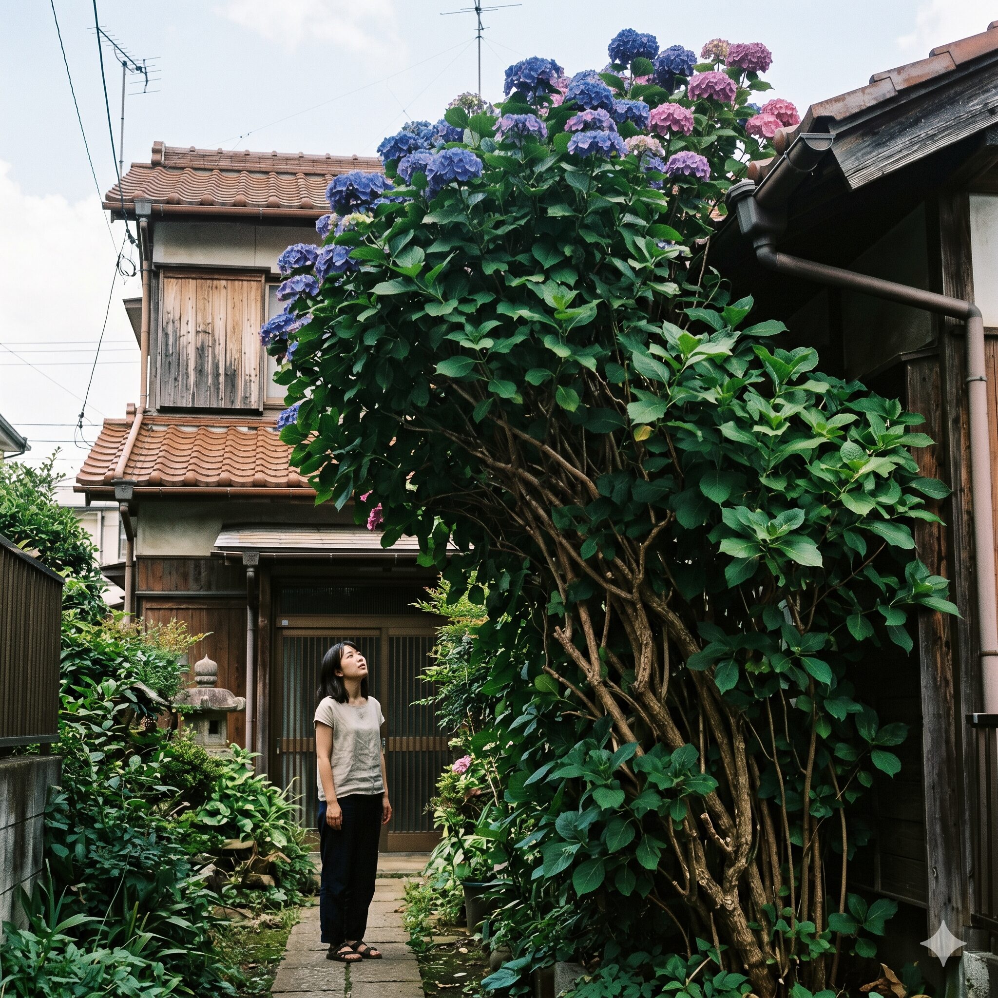 紫陽花剪定しないとどうなる2　剪定をせず屋根の高さまで巨大化し、花が見えにくくなった紫陽花の放置例