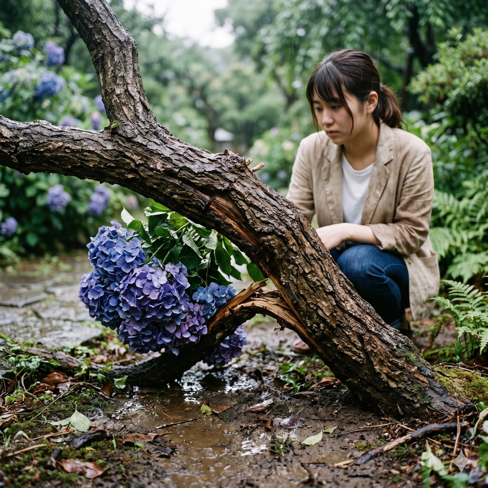 紫陽花剪定しないとどうなる3　木質化して柔軟性を失い、雨と花の重みで地面に倒伏した紫陽花の古い枝