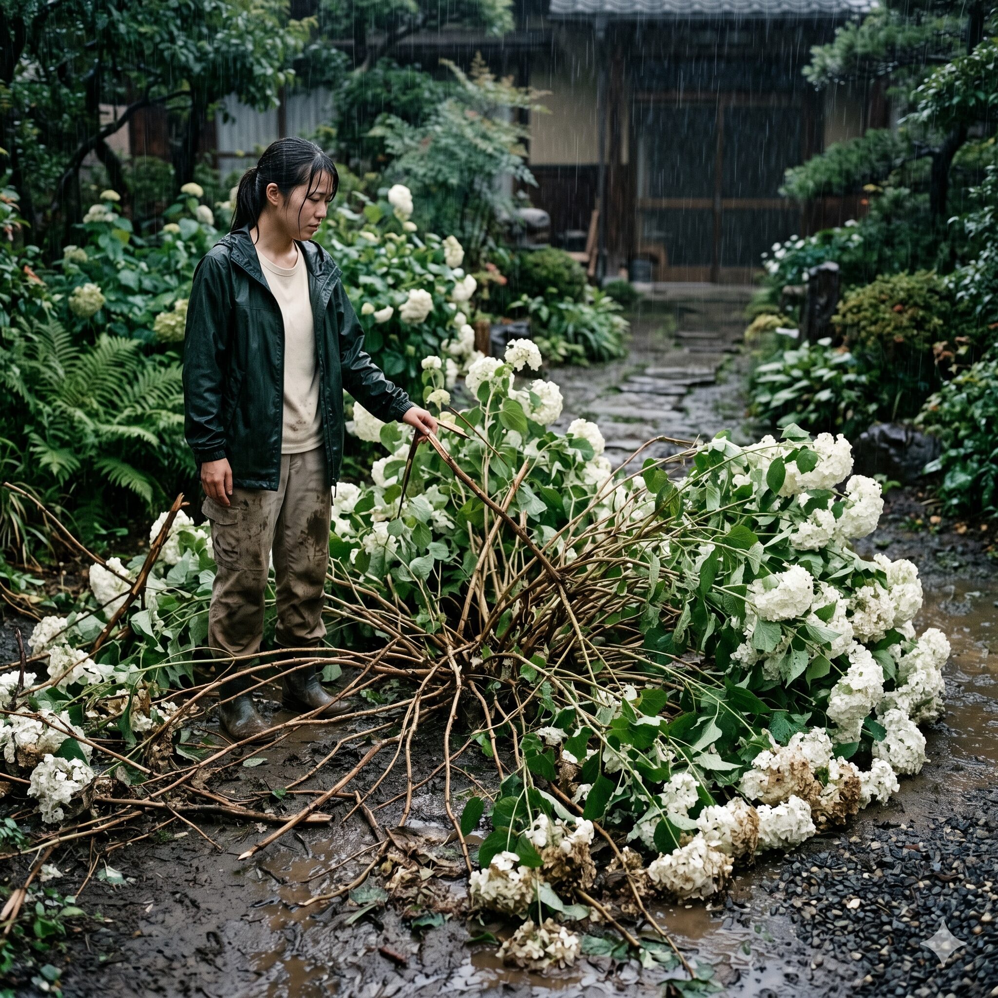 紫陽花剪定しないとどうなる5　剪定をサボり枝が細くなったため、雨で無残に倒伏してしまったアナベルの株