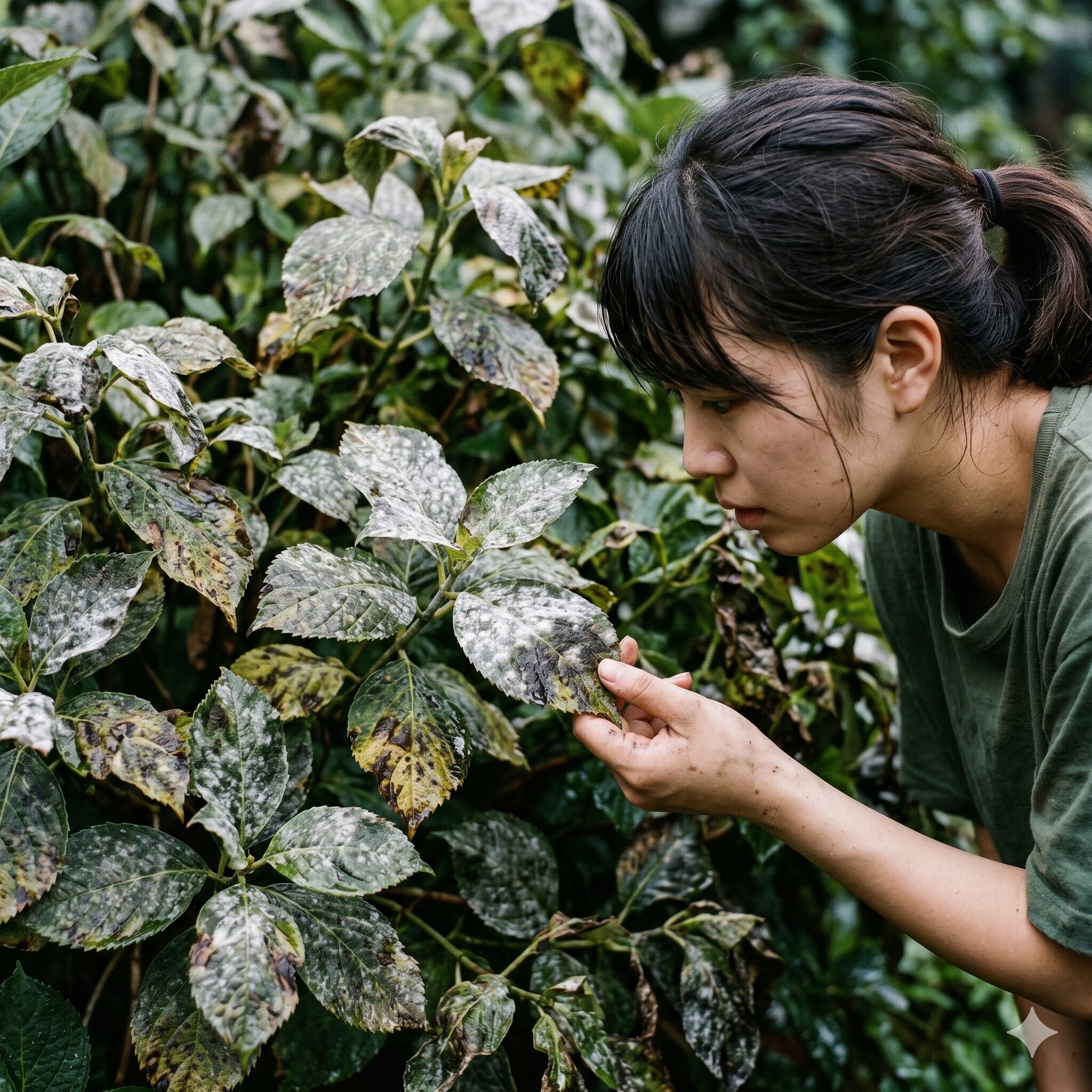 紫陽花剪定しないとどうなる6　通気性の悪化が原因で紫陽花の葉に発生した白い粉状のうどんこ病