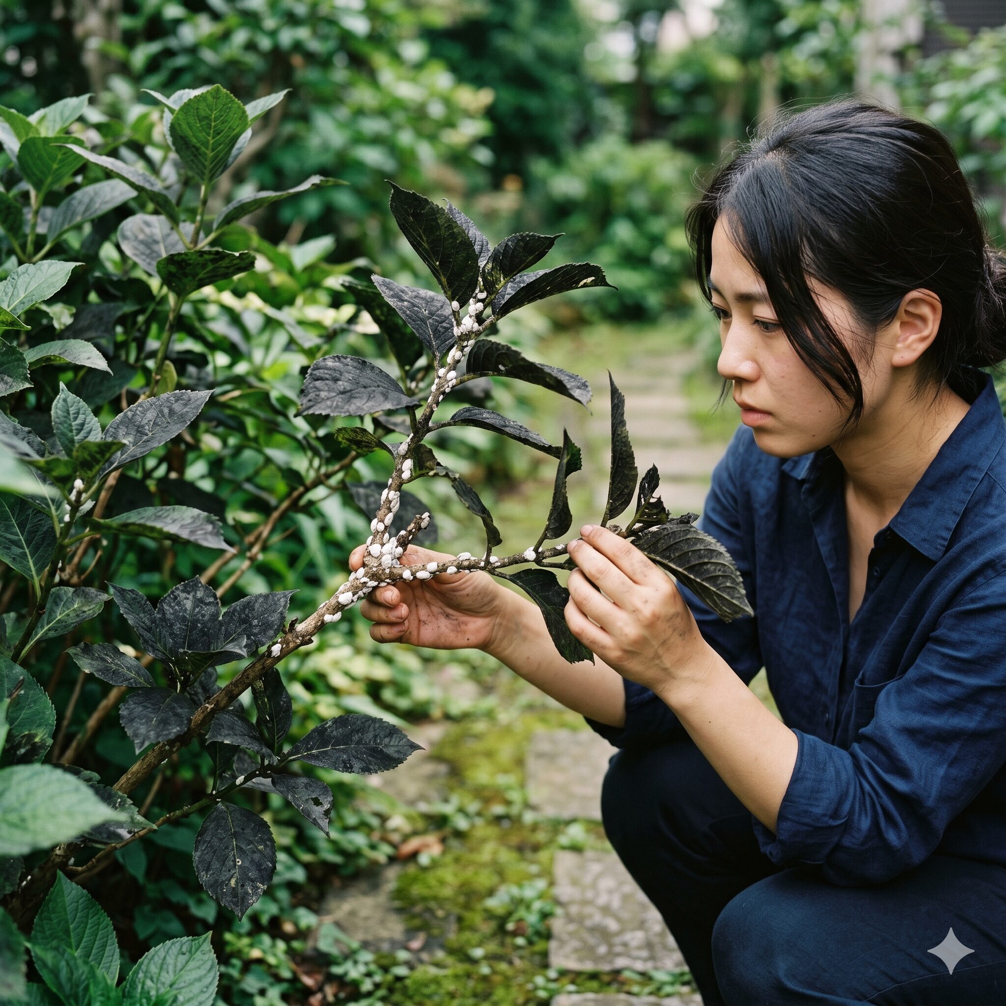 紫陽花剪定しないとどうなる7　紫陽花の枝に寄生したカイガラムシと葉が黒くなるすす病の被害