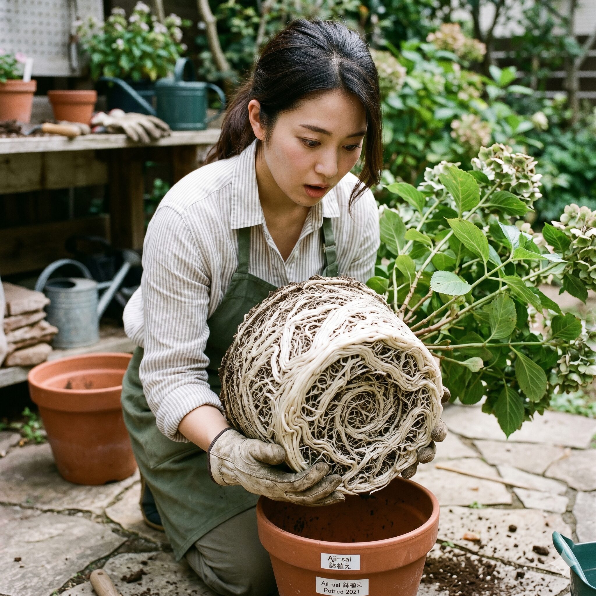 紫陽花剪定しないとどうなる8　鉢植えの紫陽花を数年放置した結果、鉢いっぱいに根が回った深刻な根詰まり