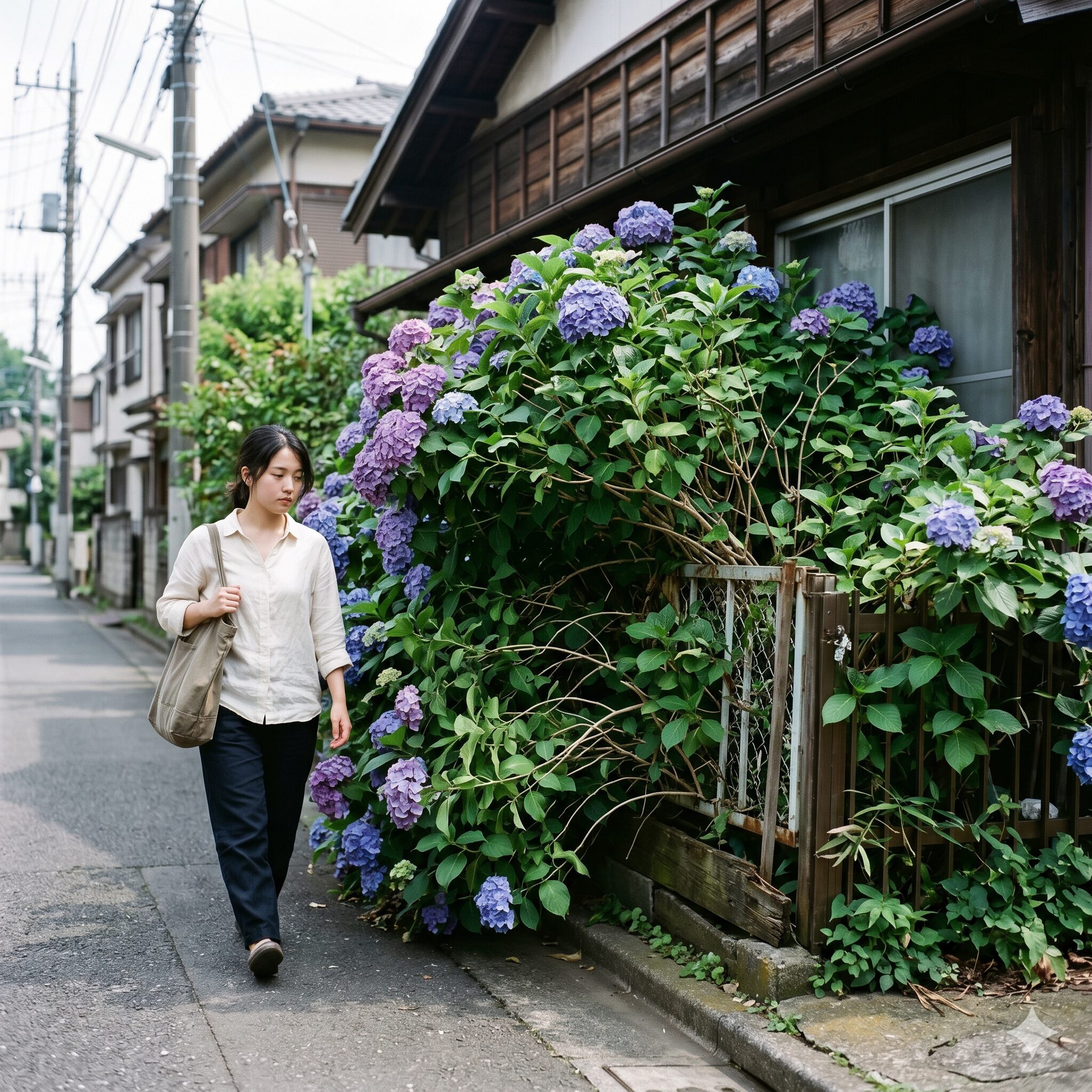 紫陽花剪定しないとどうなる9　剪定をせず放置され隣家や公道へ大きくはみ出した地植えの紫陽花