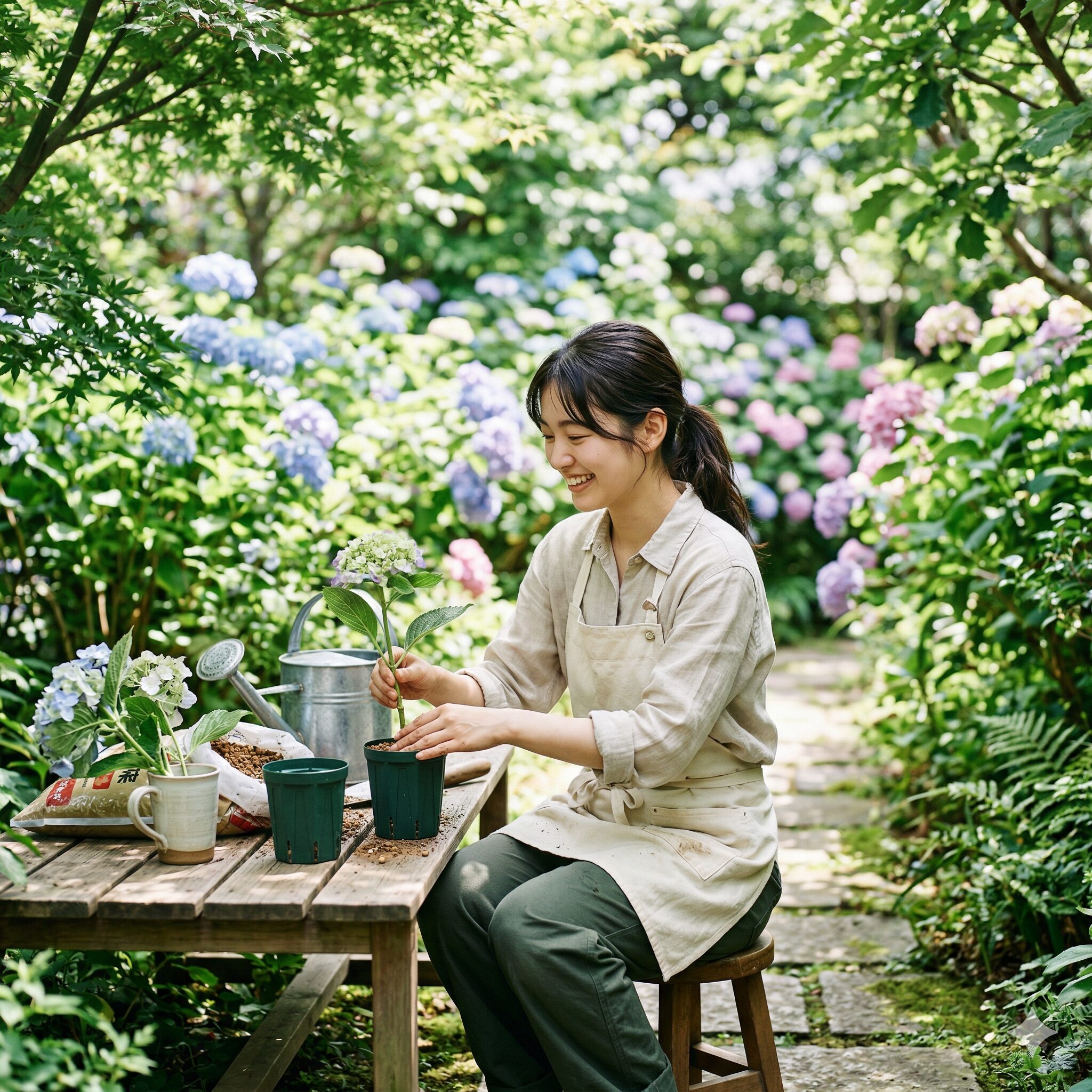 紫陽花挿し木1　初夏の庭で紫陽花の挿し木作業を楽しむ女性と準備された道具一式のイメージ