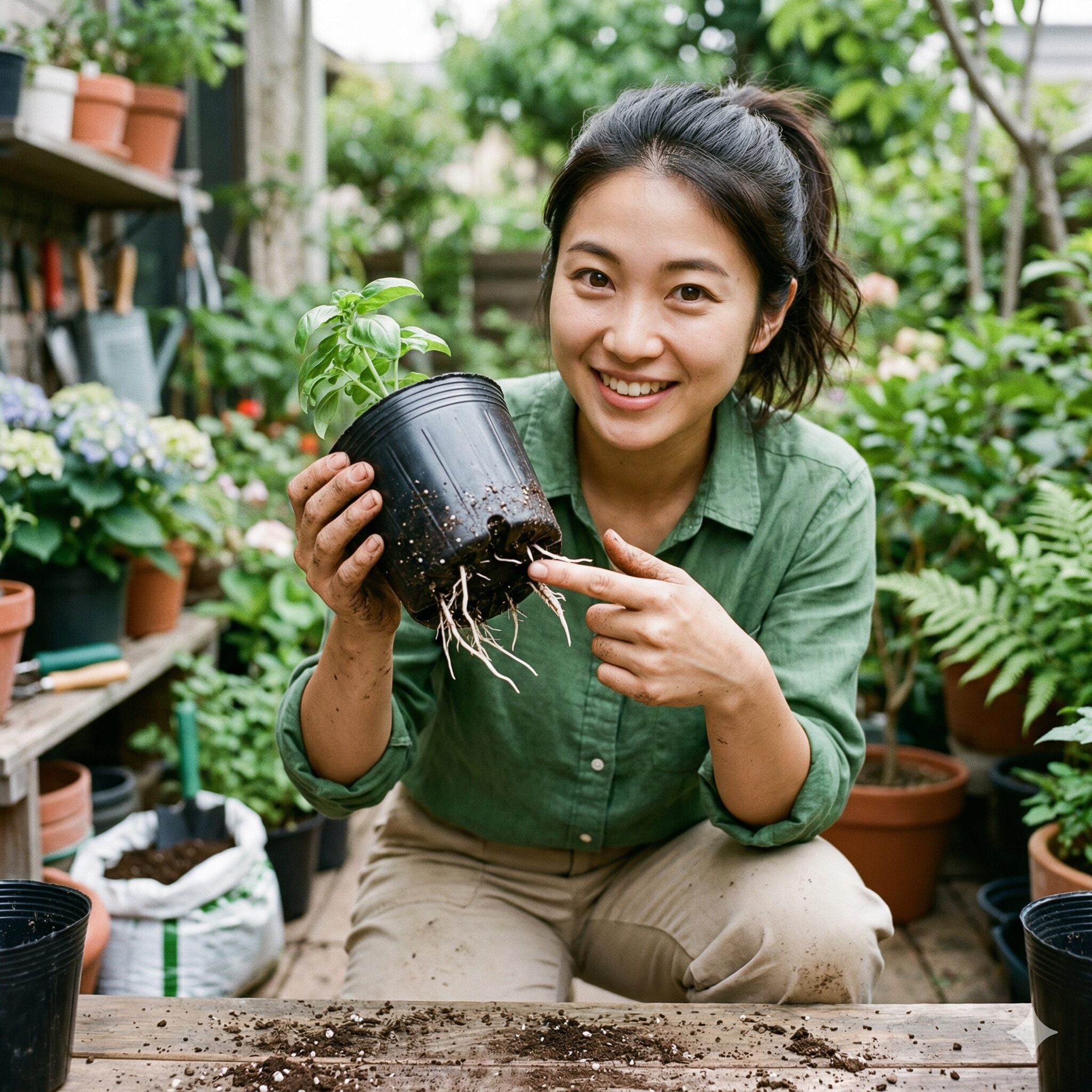紫陽花挿し木10 ポットの底穴から見え始めた紫陽花の白い根と鉢上げのサイン