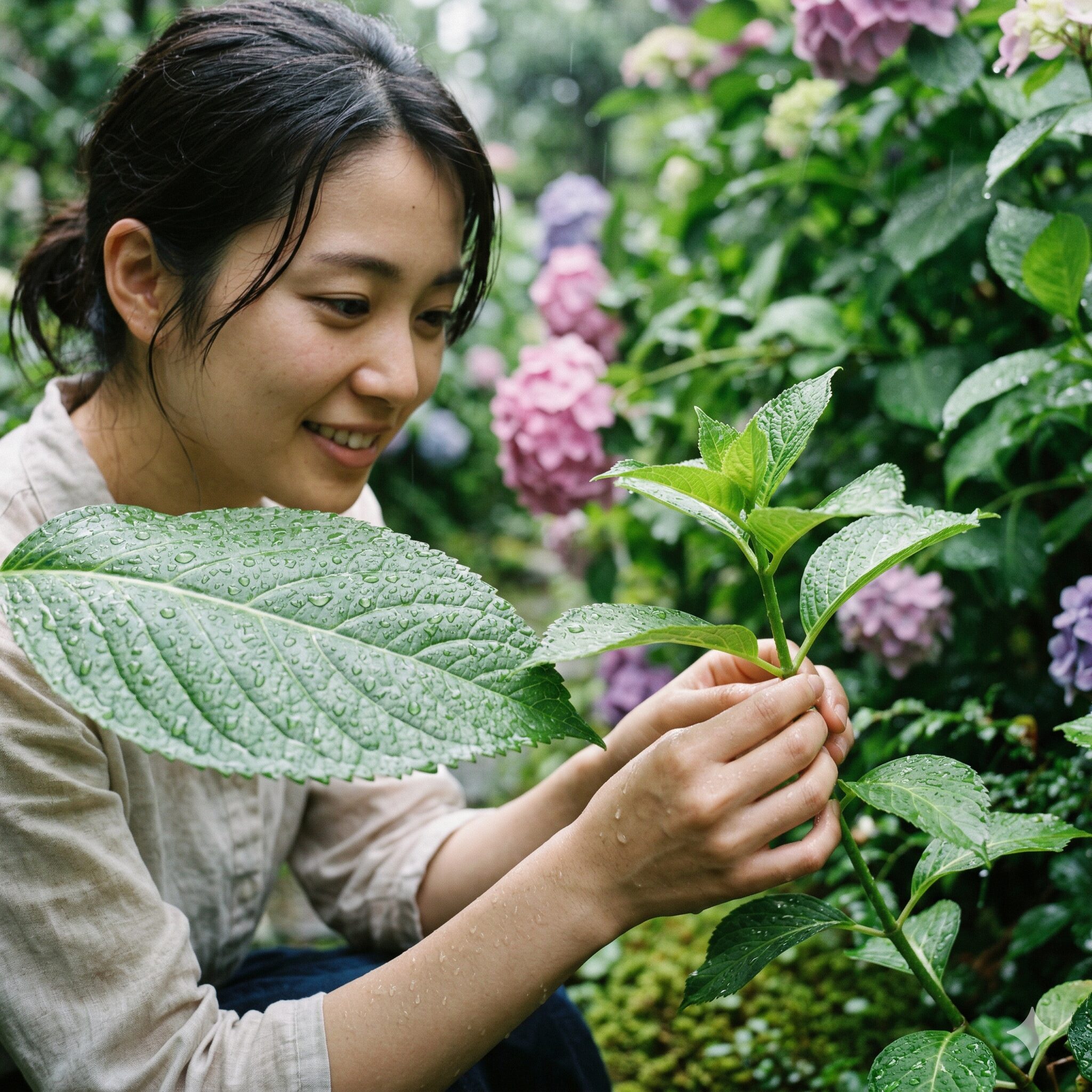 紫陽花挿し木2 紫陽花の挿し木に最適な時期である梅雨どきの生き生きとした若枝の接写
