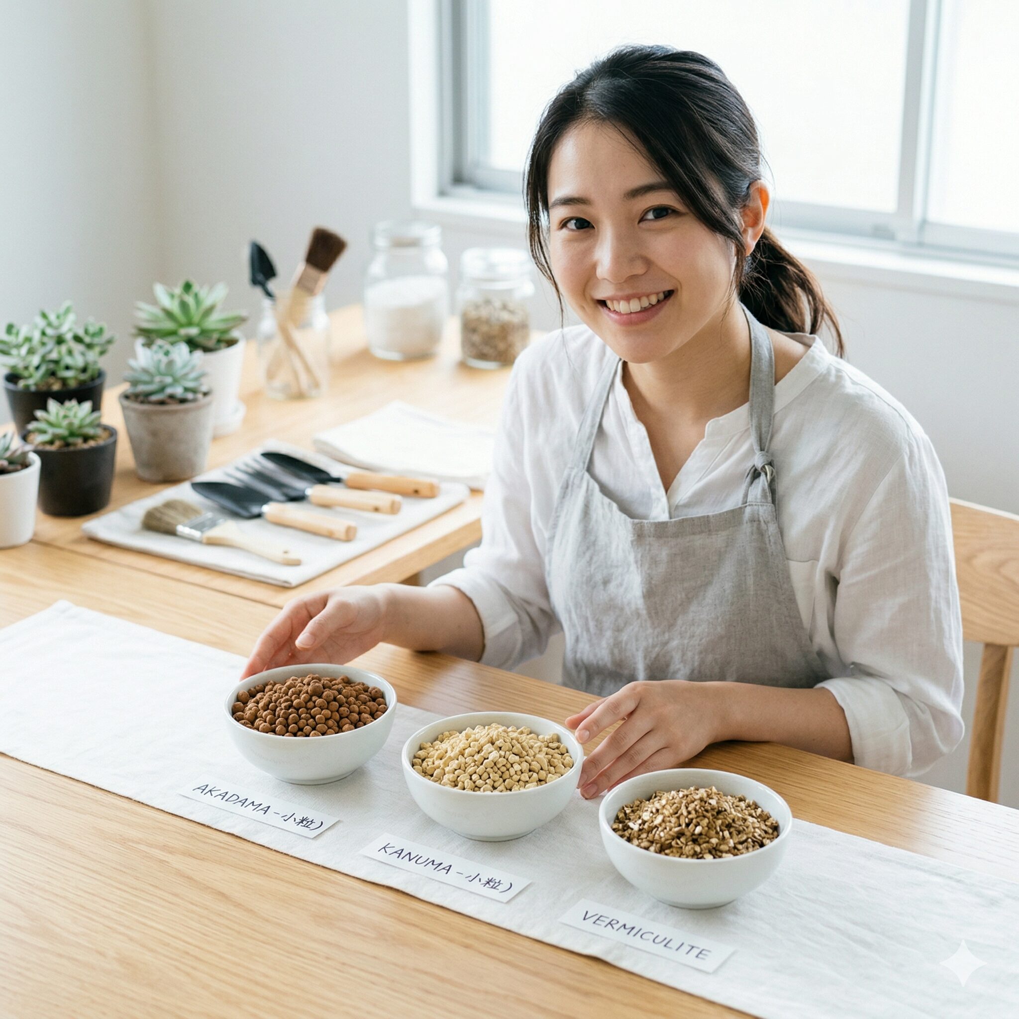 紫陽花挿し木3 紫陽花の挿し木に使用する清潔な赤玉土、鹿沼土、バーミキュライトの比較