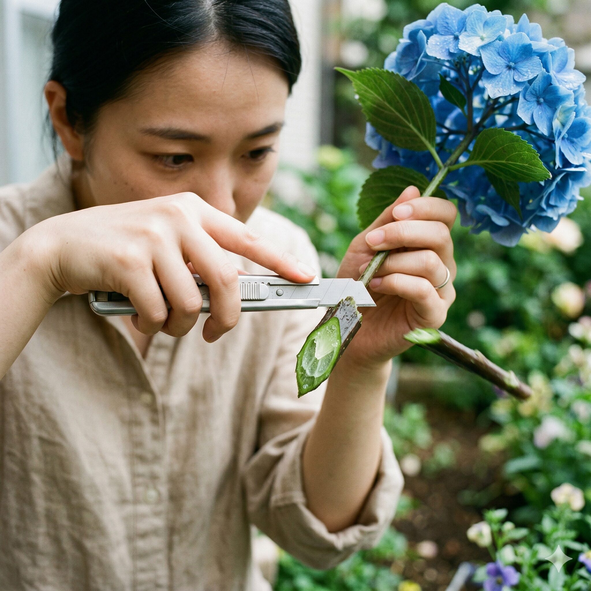 紫陽花挿し木4 紫陽花の挿し木の吸水力を高めるためにカッターで茎を斜めにカットする手順