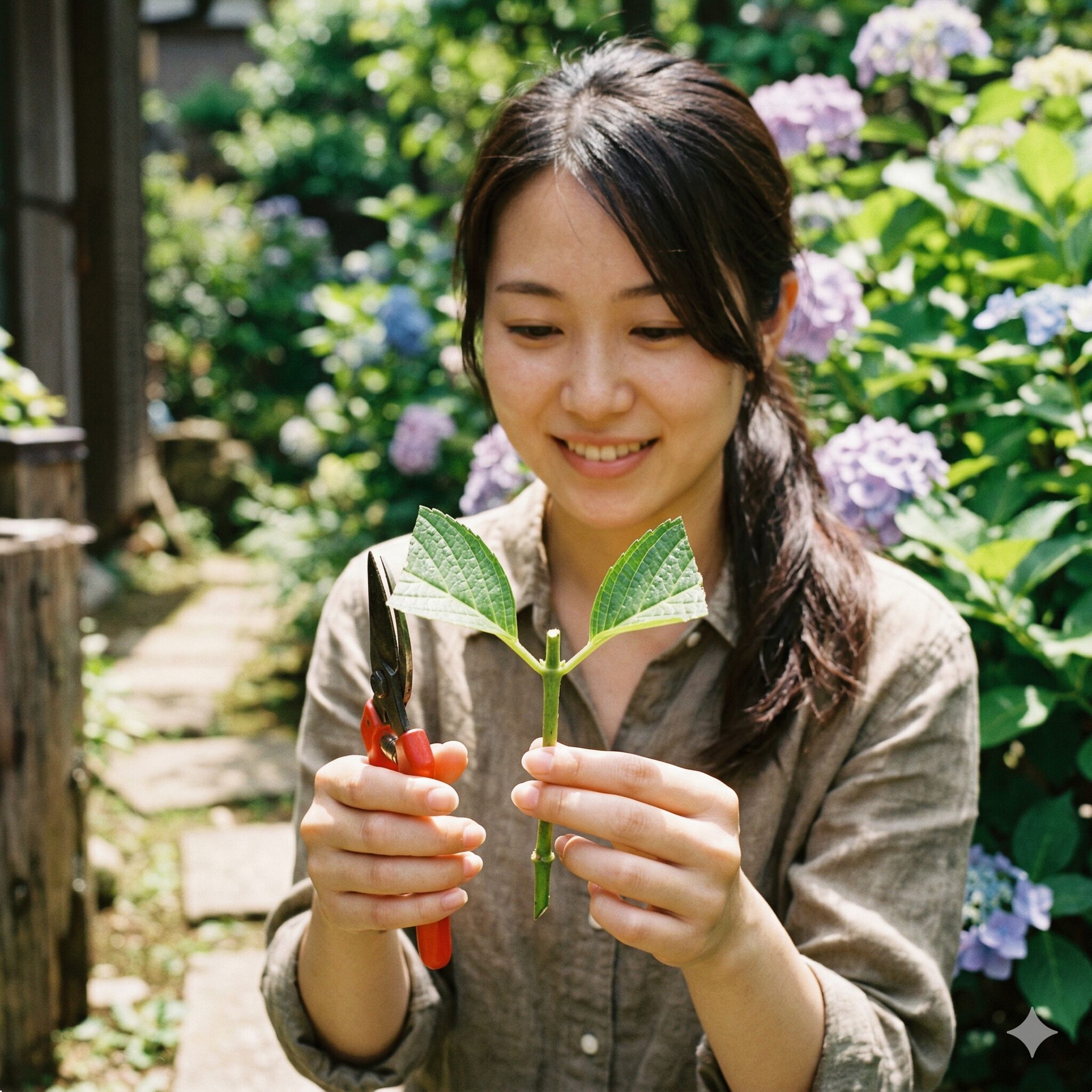紫陽花挿し木5 紫陽花の挿し穂の蒸散を抑えるために葉を半分にカットした状態