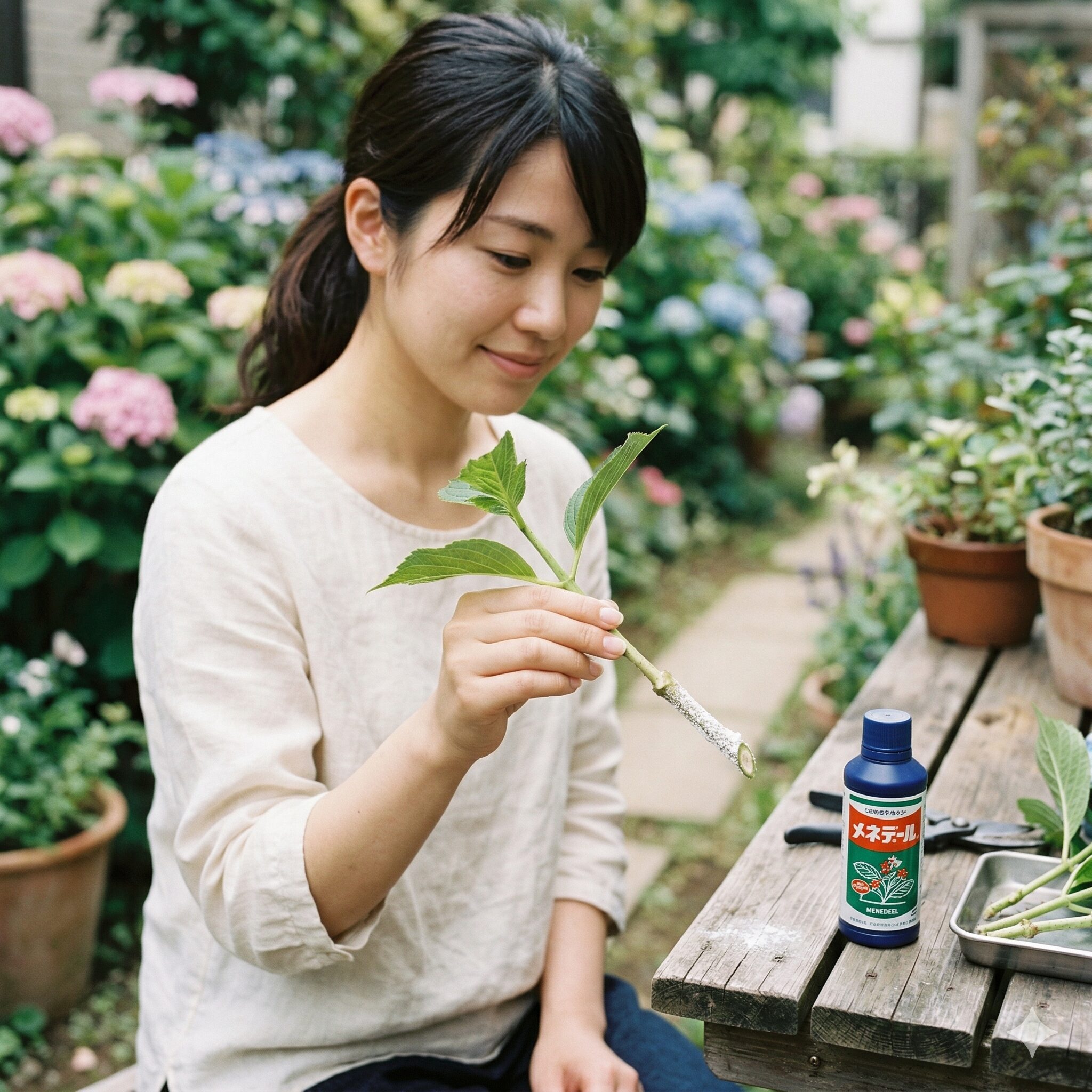 紫陽花挿し木6 切り口に発根促進剤を塗布した紫陽花の挿し穂と活力剤メネデール