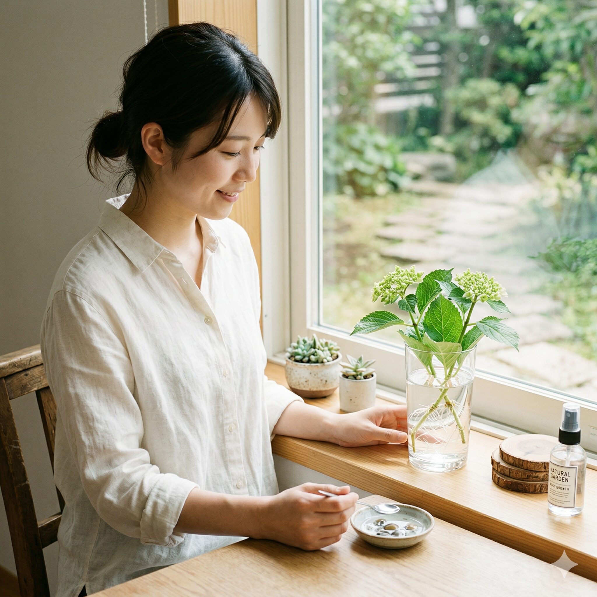紫陽花挿し木7 透明なコップの中で発根した紫陽花の水挿しの様子