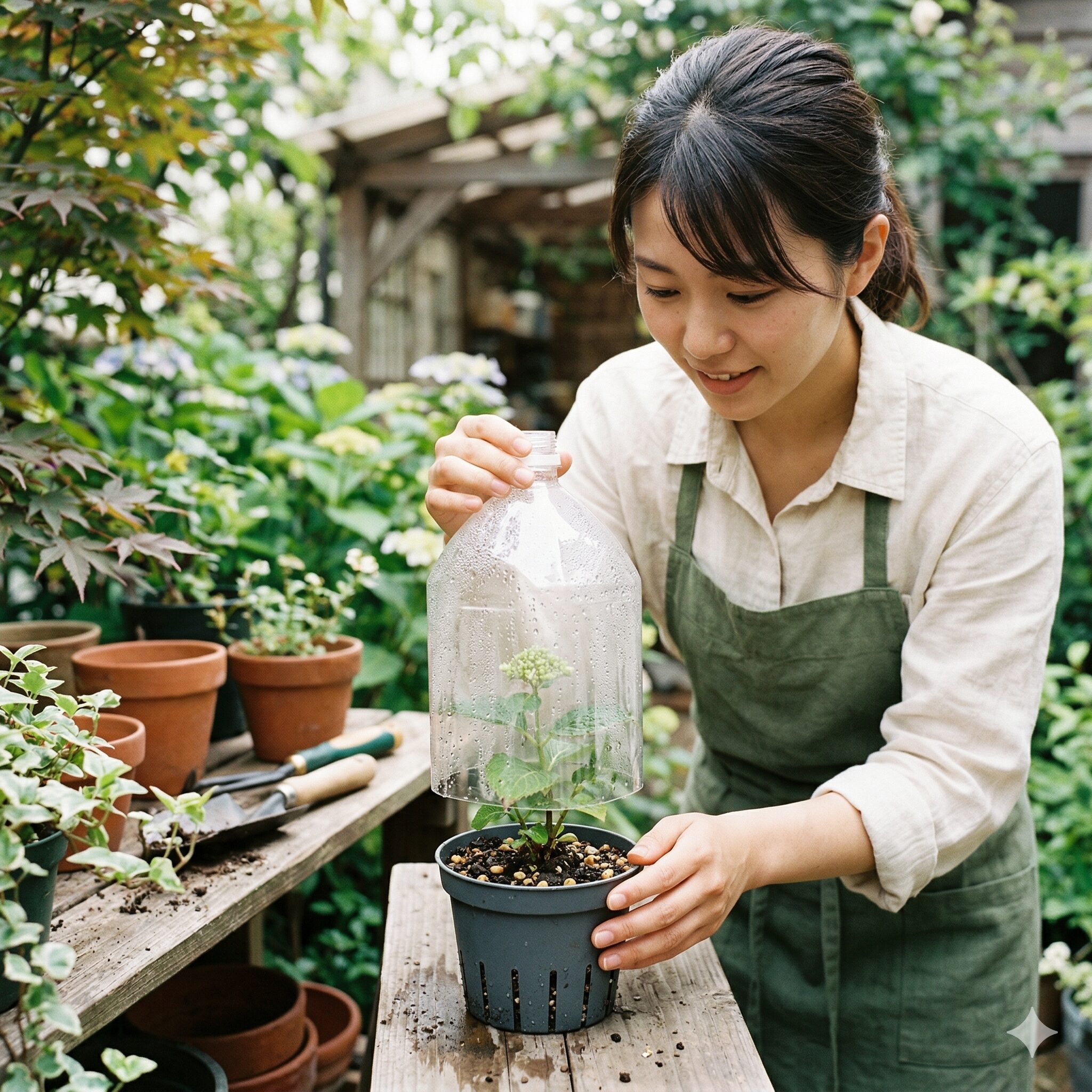 紫陽花挿し木8 湿度を維持するためにペットボトルを被せた紫陽花の挿し木苗の管理