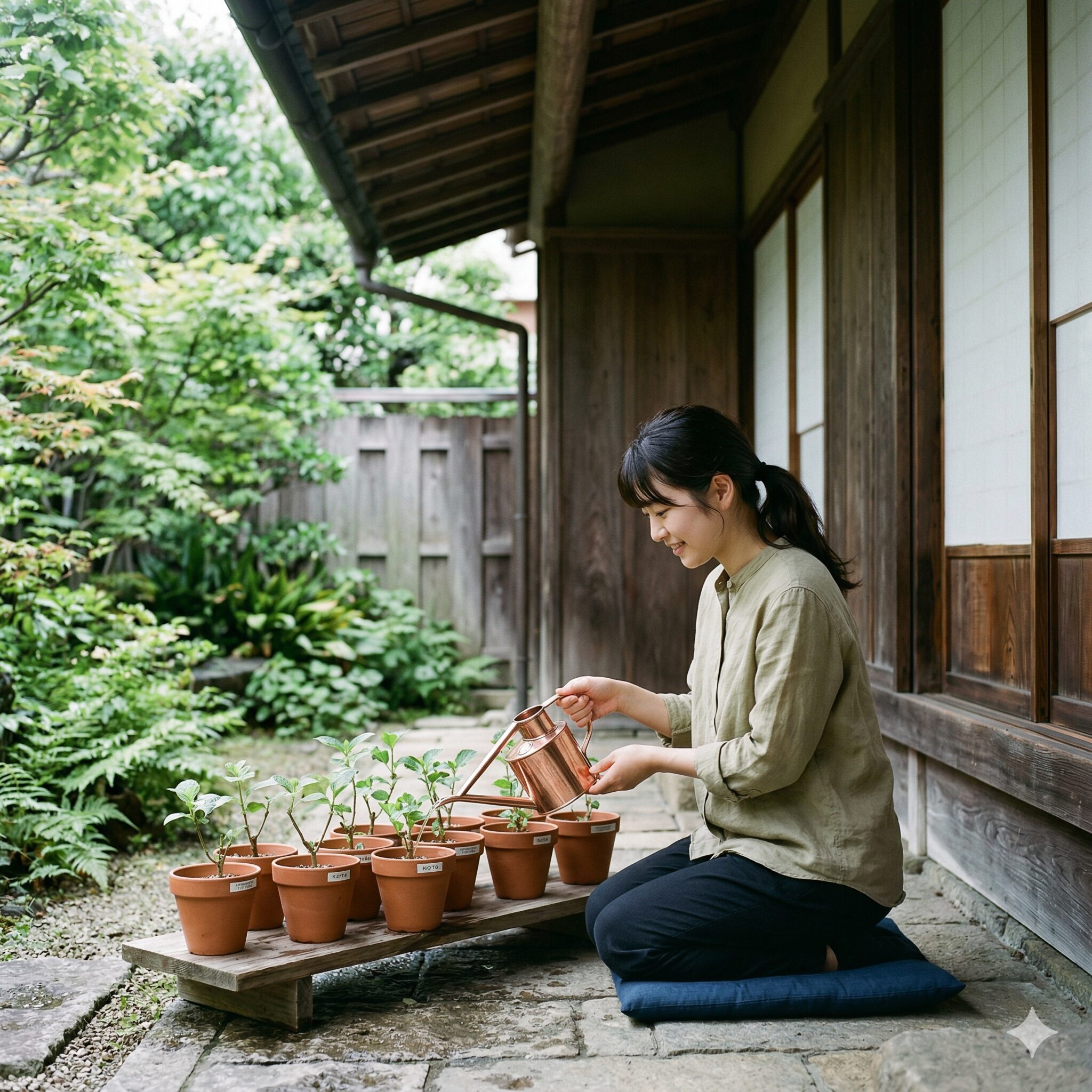 紫陽花挿し木9 直射日光を避けた明るい日陰で管理される紫陽花の挿し木鉢と水やり