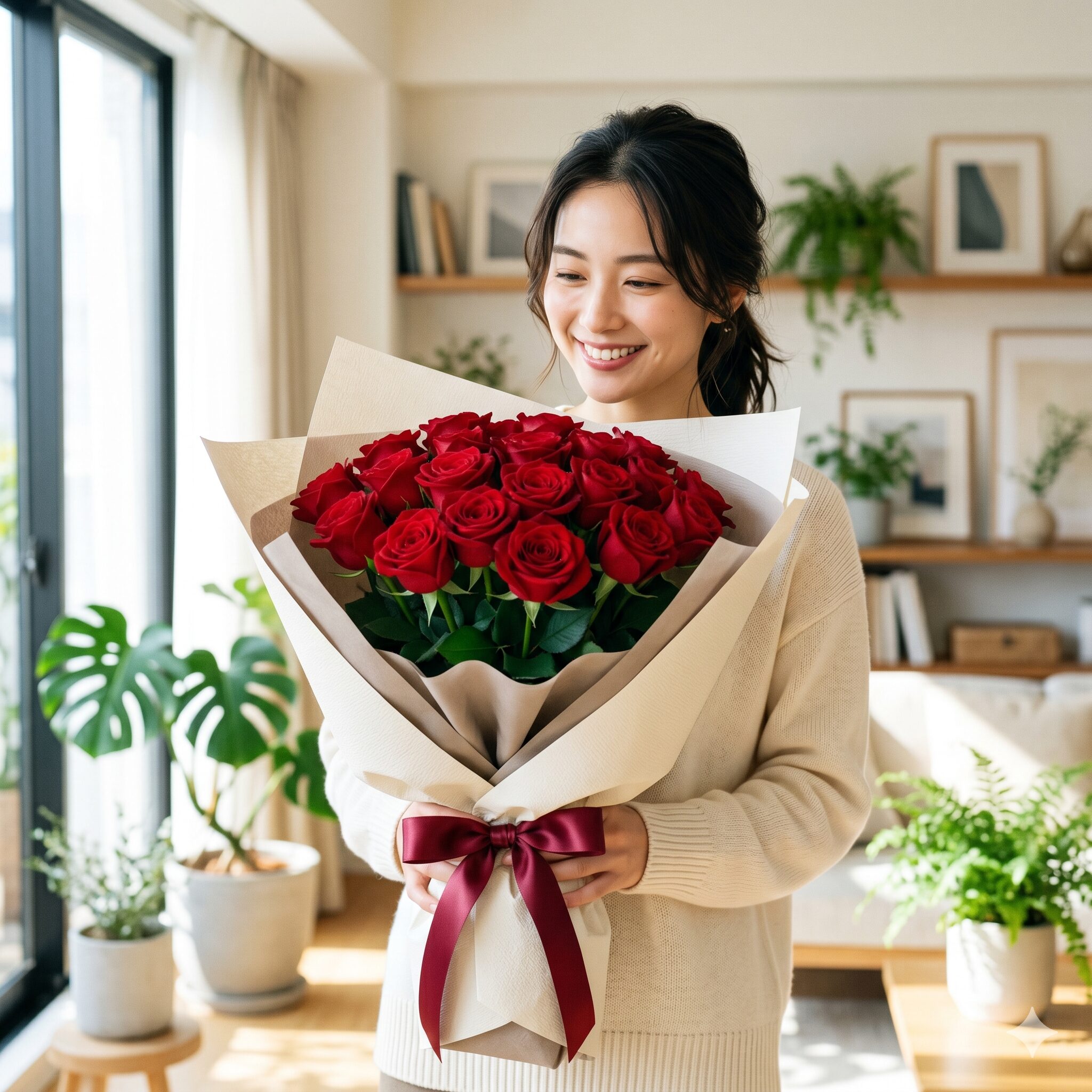 薔薇 20本 意味1　両手で抱えられたボリュームのある赤い薔薇20本の花束。真心を感じさせる誕生日やプロポーズのギフトイメージ。