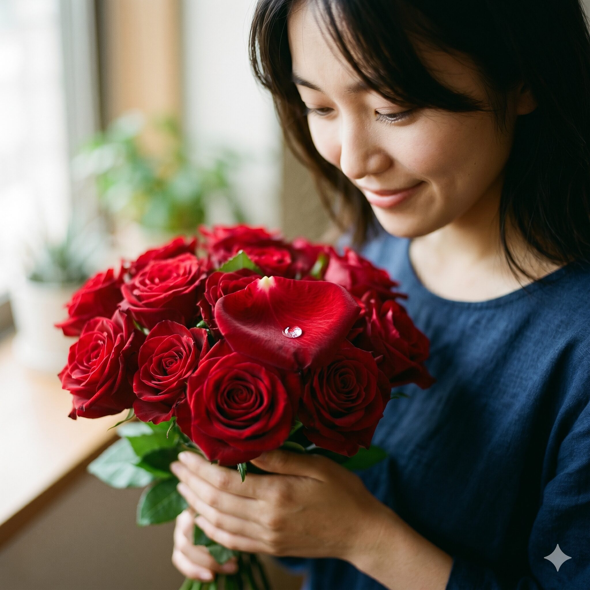 薔薇 20本 意味2　誠実な愛と真心を象徴する、朝露のついた赤い薔薇の花びらのクローズアップ。