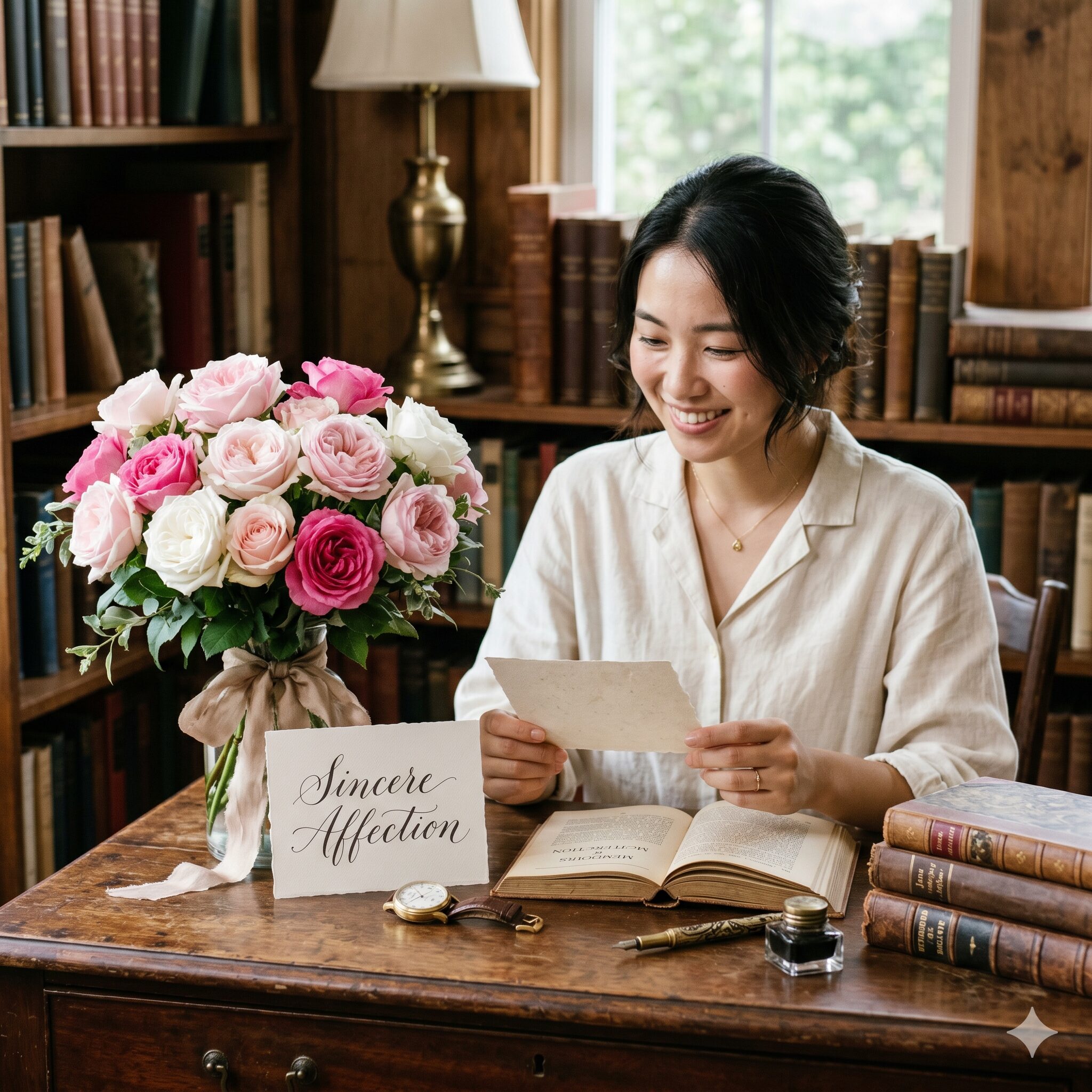 薔薇 20本 意味3　英語のメッセージカードが添えられた、誠実な慈しみを意味するピンクと白の薔薇20本の花束。