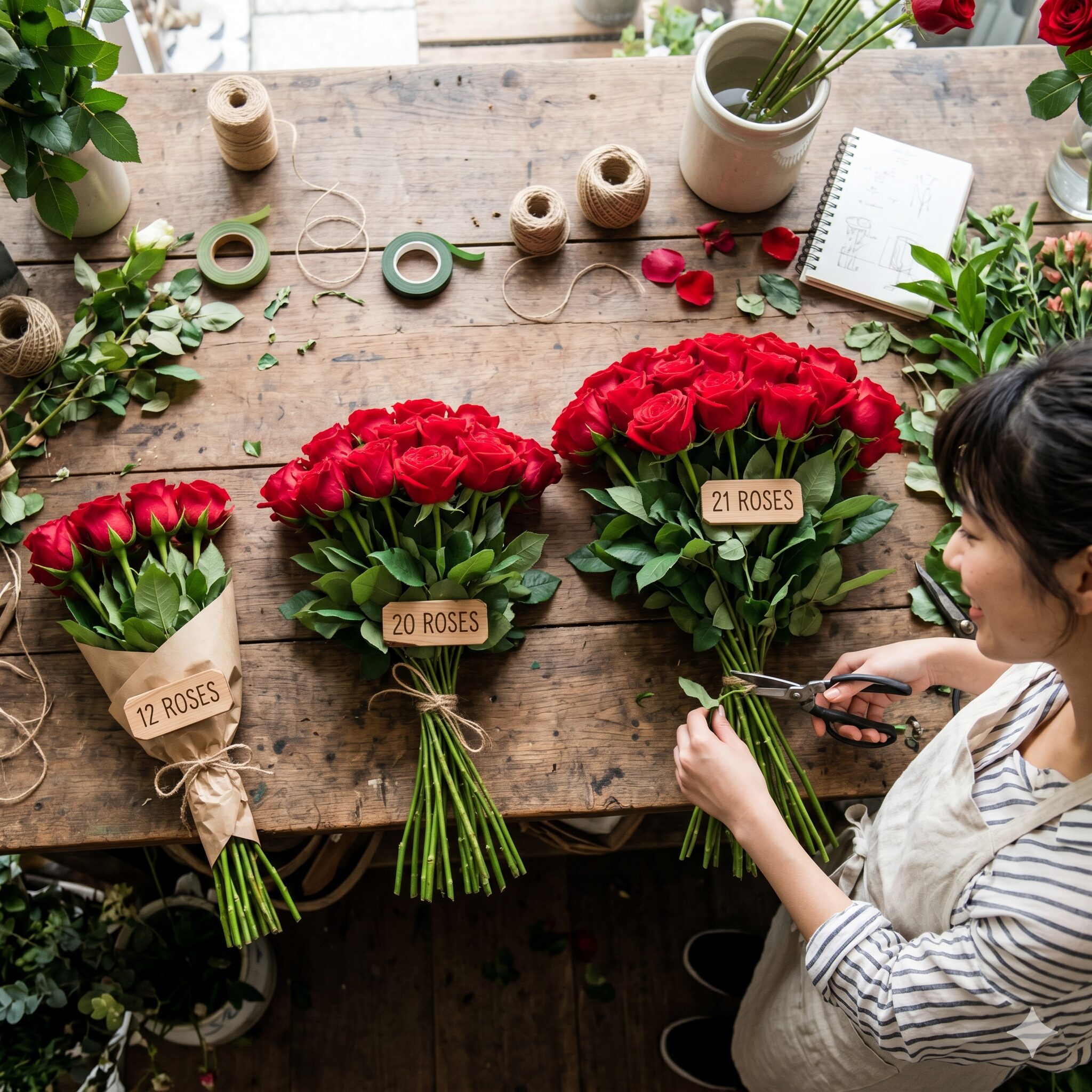 薔薇 20本 意味4　12本、20本、21本の薔薇の花束のボリュームを比較した俯瞰写真。