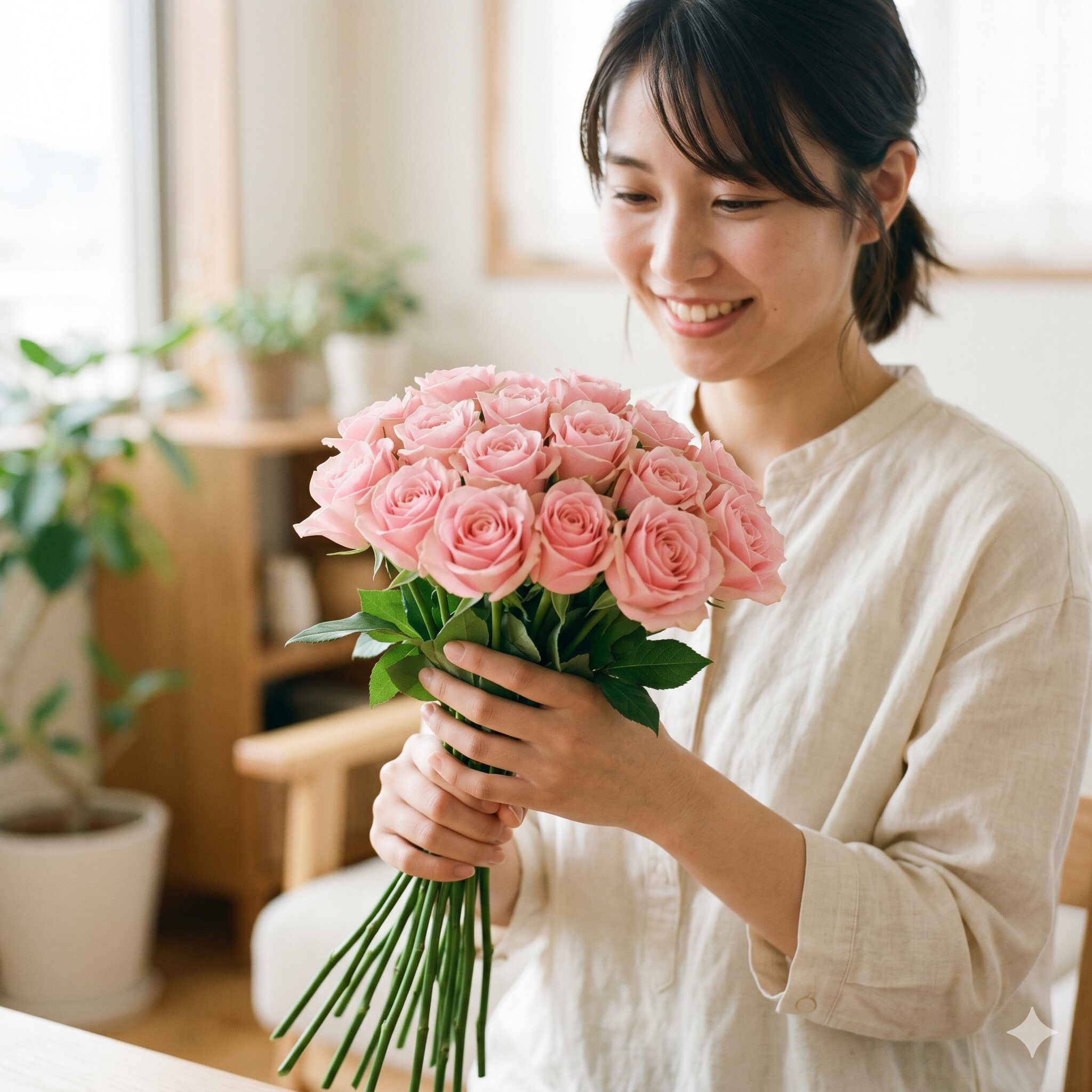 薔薇 20本 意味6　トゲが処理された滑らかな茎のピンクの薔薇20本。友情と防御のない誠意を意味する。