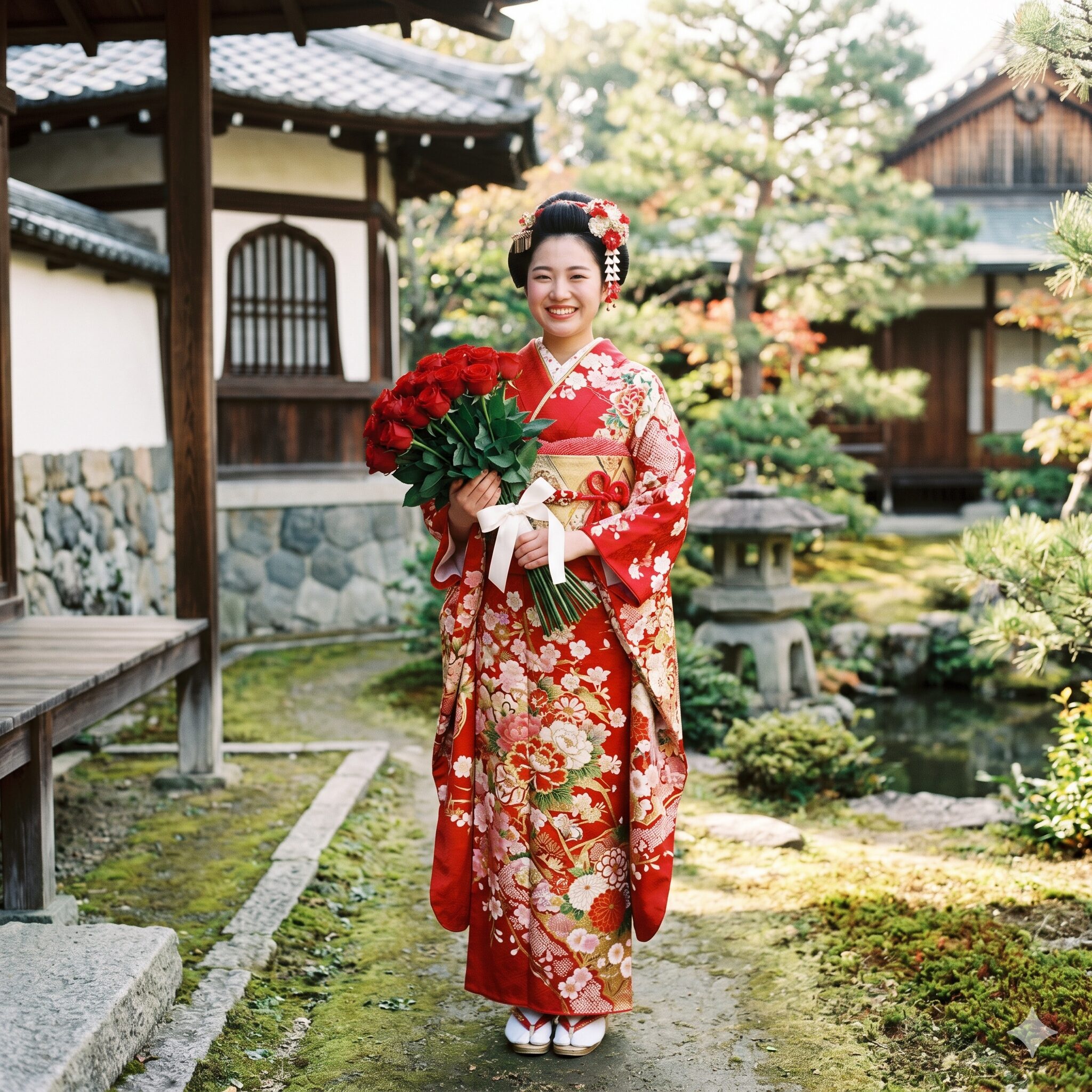 薔薇 20本 意味7　成人式の振袖姿で赤い薔薇20本を抱える女性。20歳の誕生日と成長への感謝を祝う。