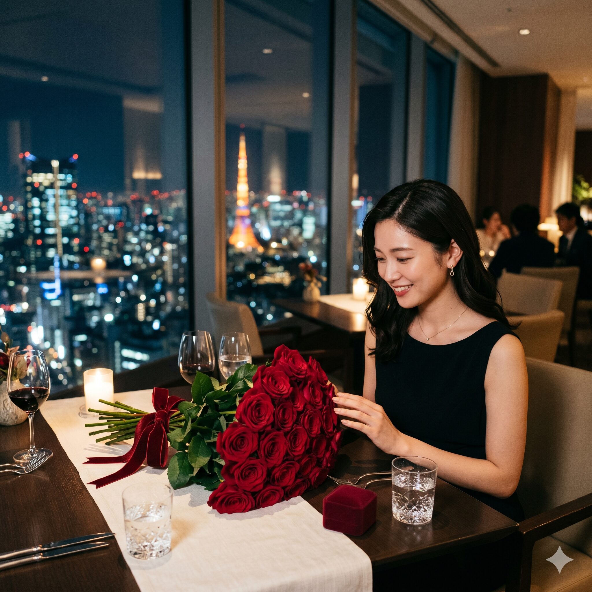 薔薇 20本 意味8　プロポーズのテーブルに置かれた20本の赤い薔薇とリングケース。誠実な決意を表現。