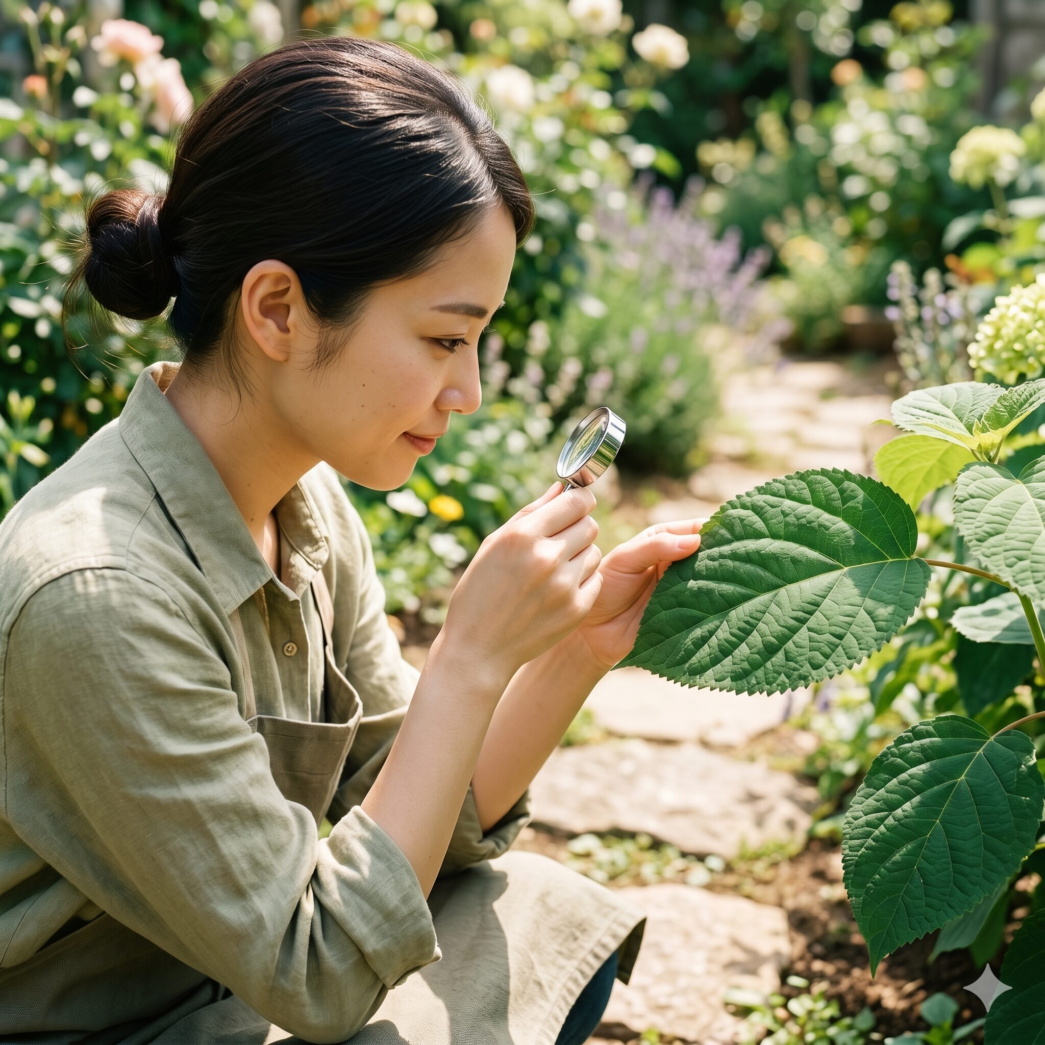 アナベル コンパクト10　風通しの良い環境で、病害虫の兆候がないか葉の裏まで入念にチェックする衛生管理の様子 