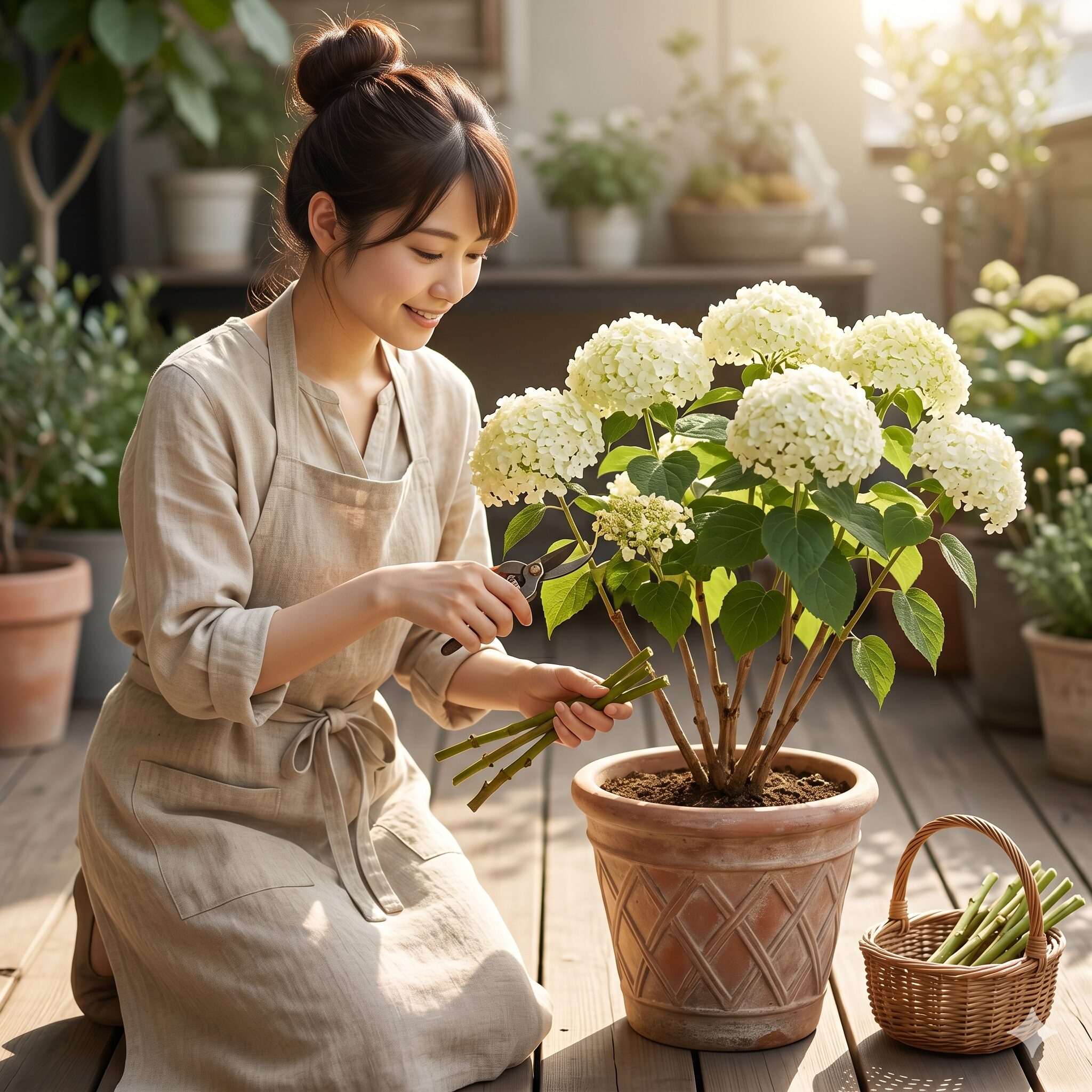 アナベル コンパクト2　ベランダの鉢植えでコンパクトにまとまり、太い茎でまっすぐ自立して咲くアナベルコンパクト 