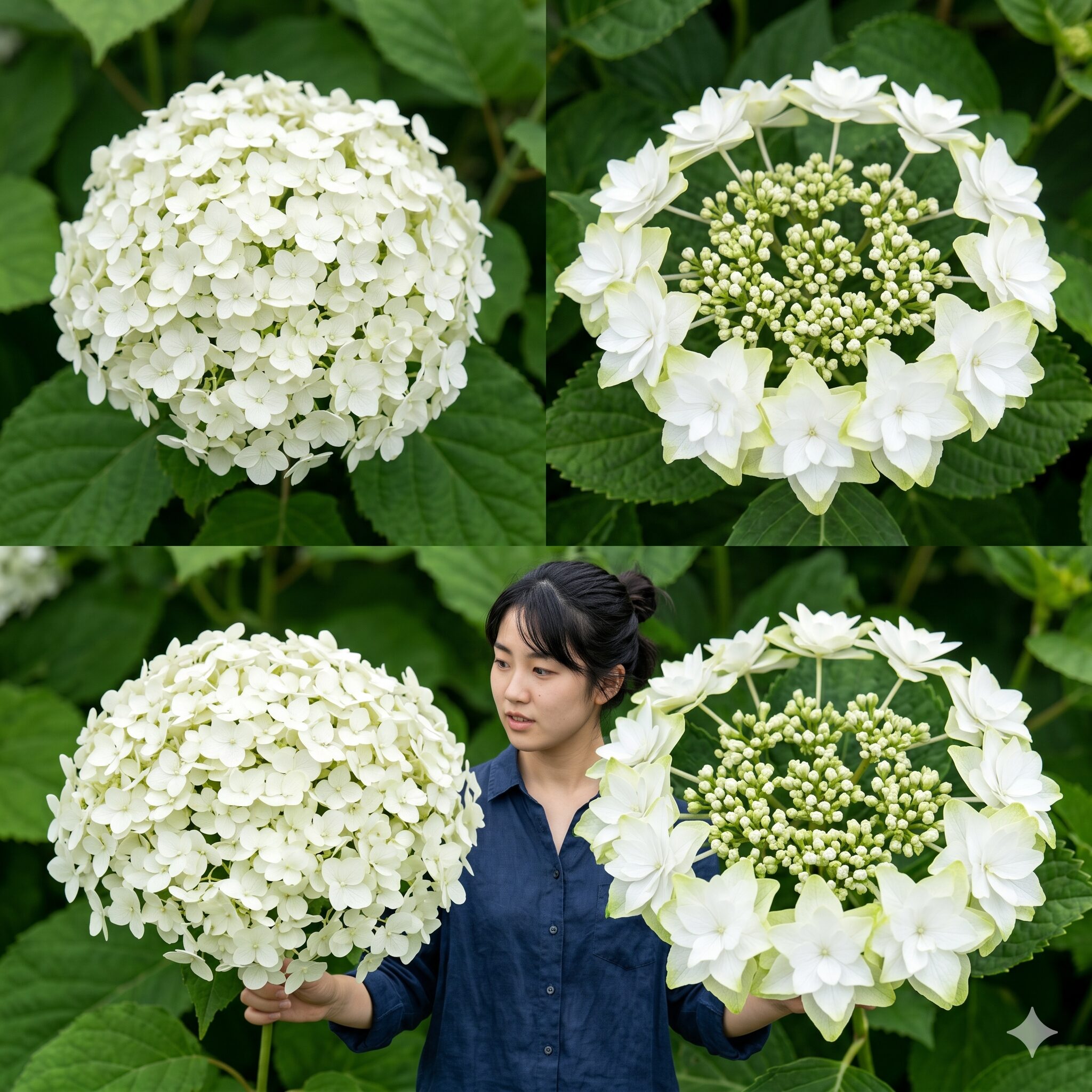 アナベル コンパクト3　手毬状に咲くアナベルコンパクト（左）と、星型八重咲きのヘイズスターバースト（右）の花形の比較 