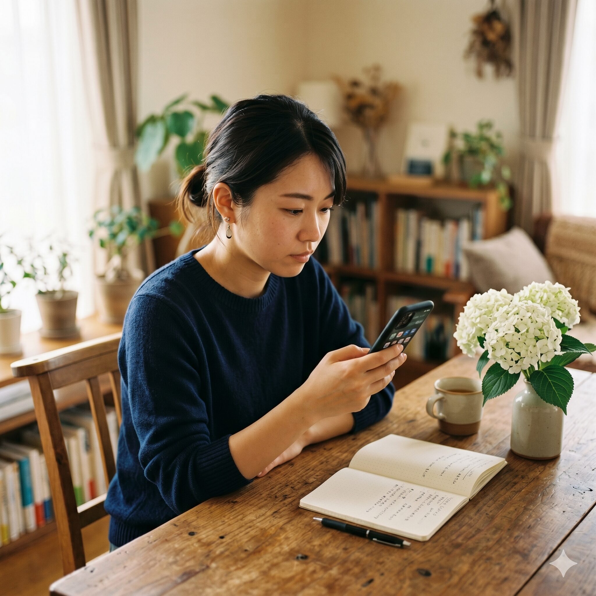 アナベル セレクトショップ2　スマホの画面を見ながら各地のセレクトショップを検索して調べる若い日本人女性
