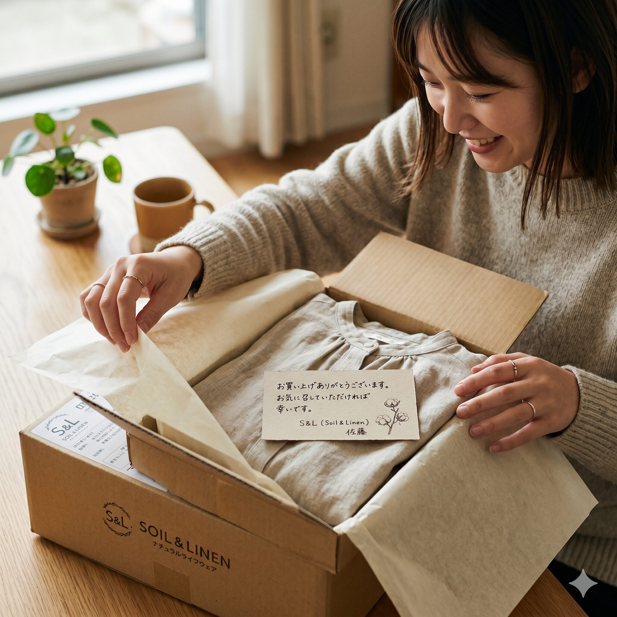 アナベル セレクトショップ3　オンラインショップから届いた、丁寧な梱包とメッセージカードが添えられたお洋服の配送箱
