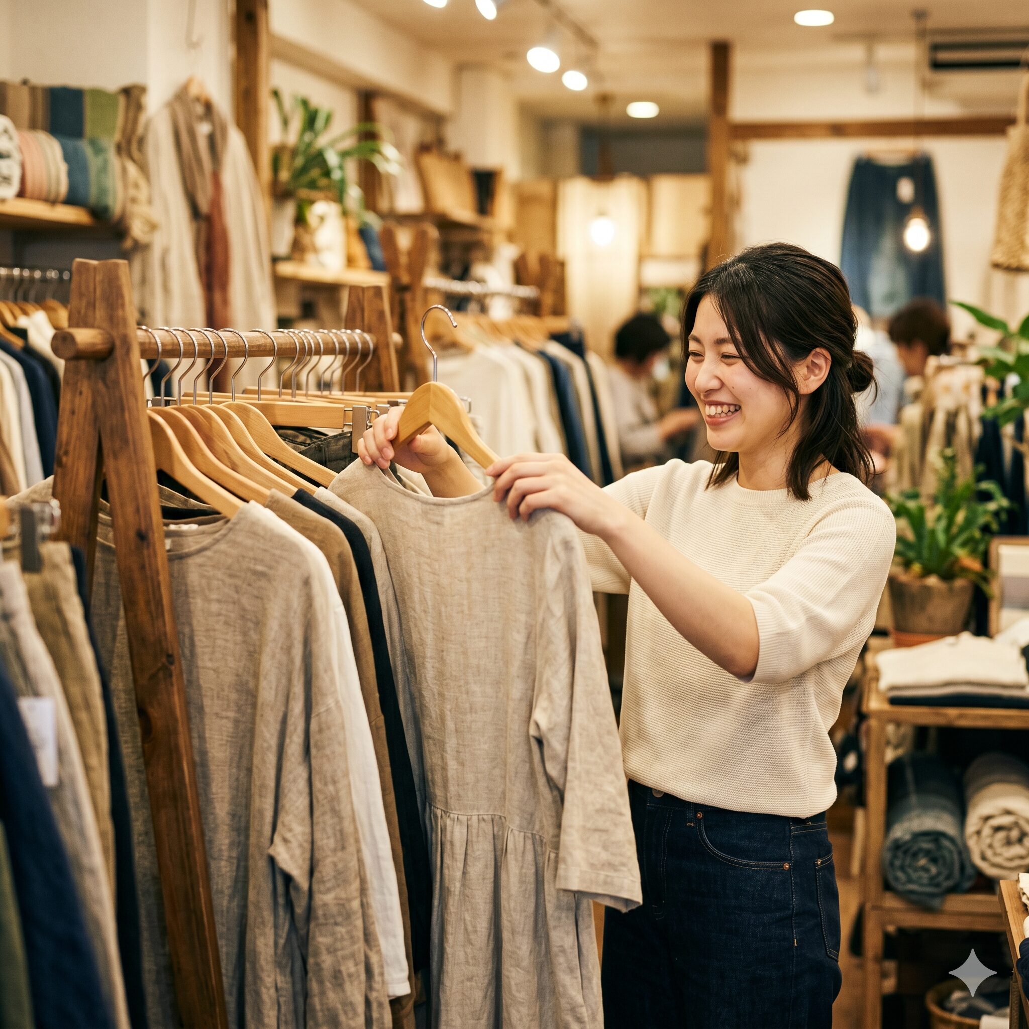 アナベル セレクトショップ5　セレクトショップの店内でナチュラルな風合いの洋服を整える笑顔のショップスタッフ女性
