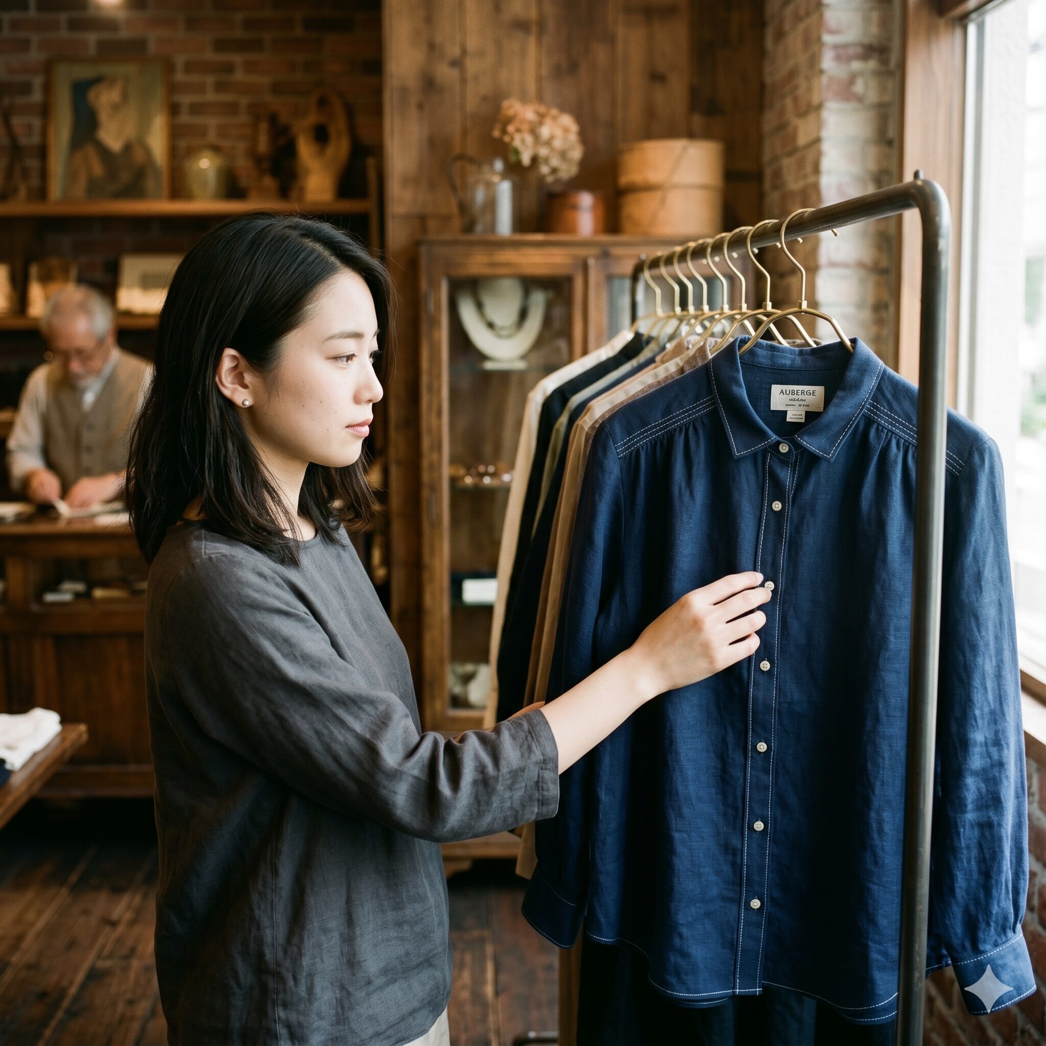 アナベル セレクトショップ6　アンティーク調の店内に美しくディスプレイされた、仕立ての良さが際立つ上質なデザイナーズブランドの衣服
