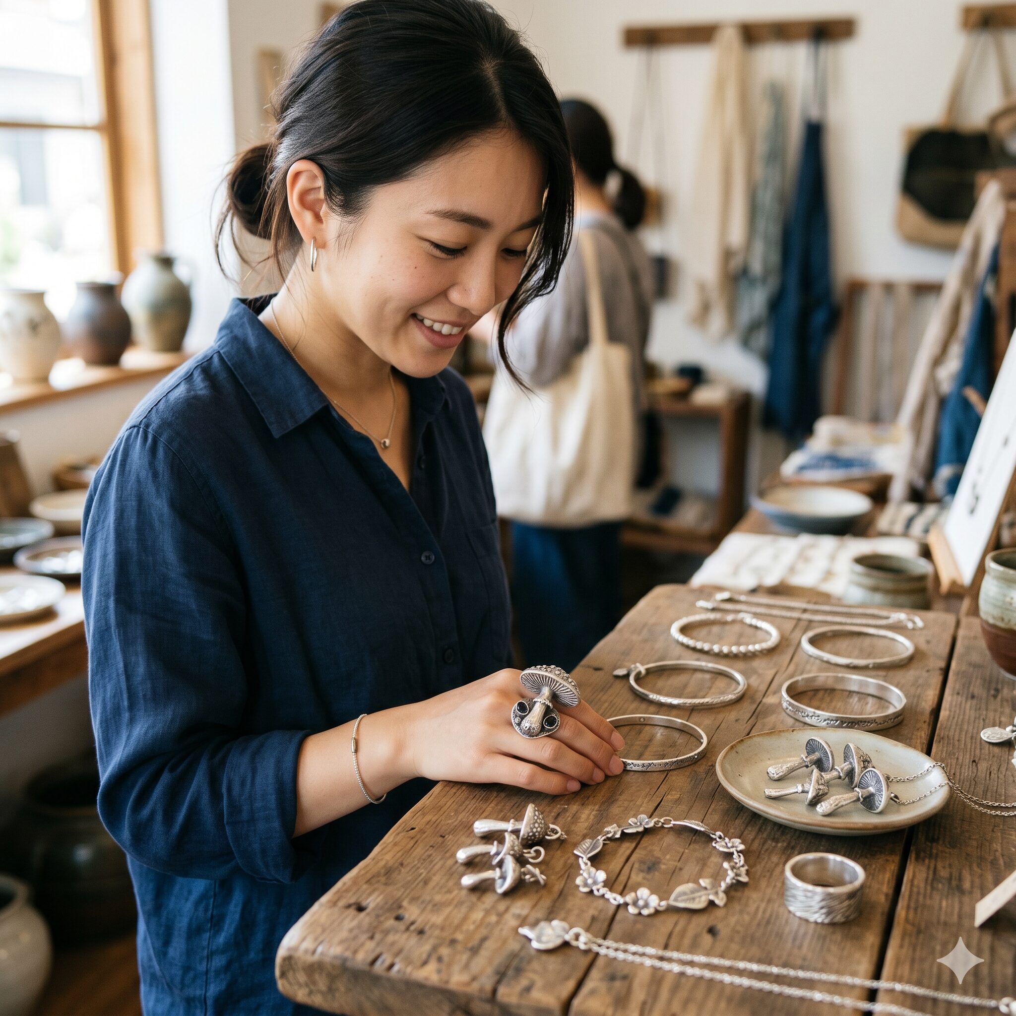 アナベル セレクトショップ7　企画展の店内に展示された、キノコモチーフの指輪や漆塗りの質感を活かした作家物のハンドメイドシルバーアクセサリー

