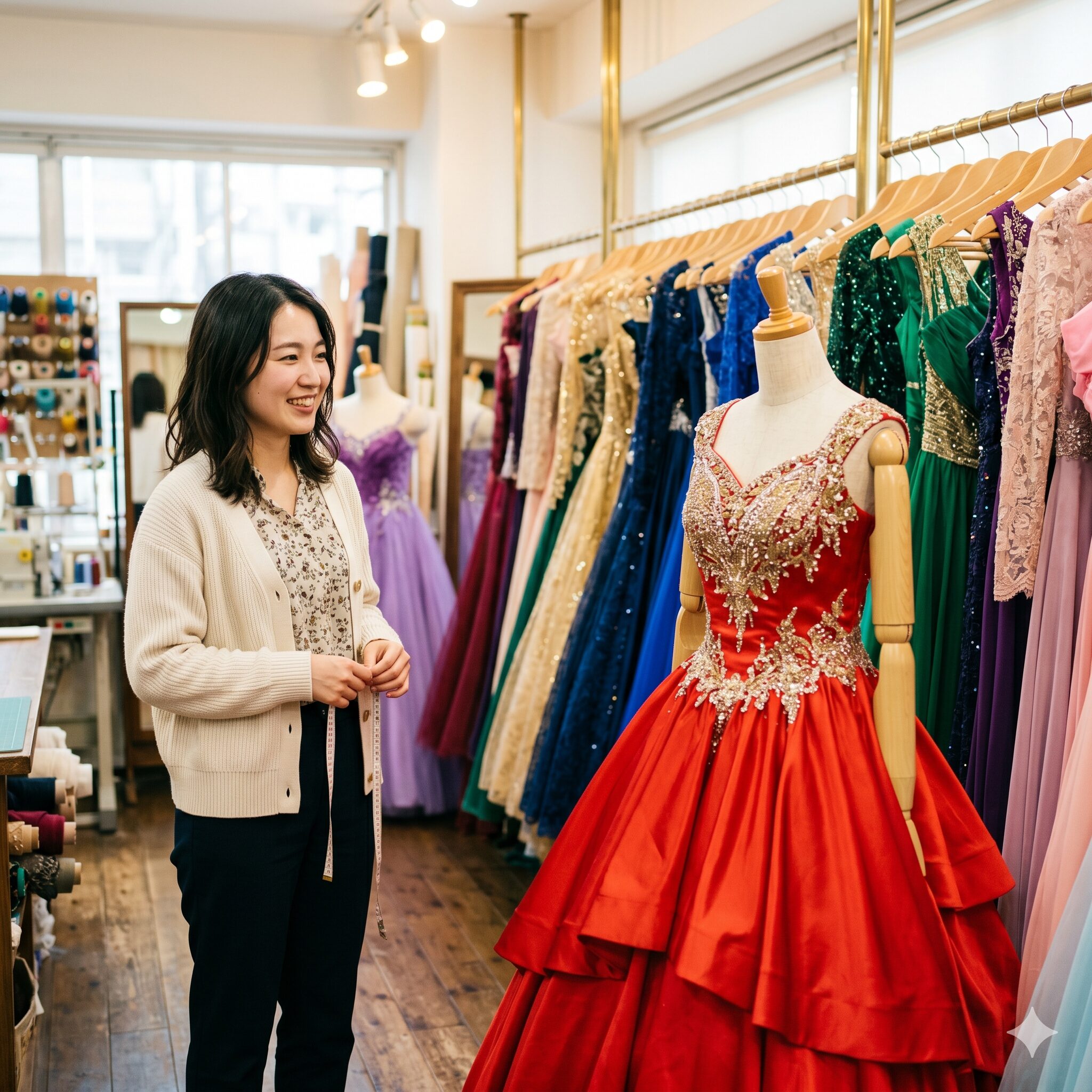 アナベル セレクトショップ8　幡ヶ谷のドレス専門店に美しく並ぶ、発表会やコンクール用の華やかなロングドレスと赤のサテンステージ衣装

