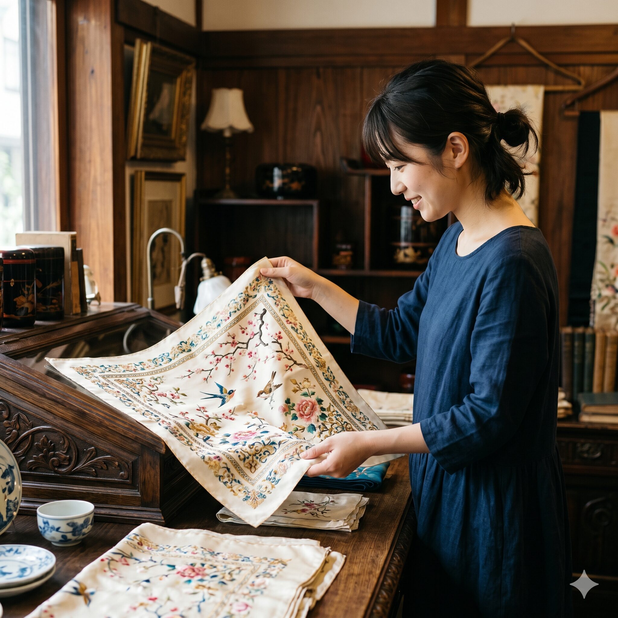 アナベル セレクトショップ9　上海の高級ブティックに並ぶ、繊細な手刺繍が施された美しいシノワズリスタイルのシルクハンカチと布雑貨
