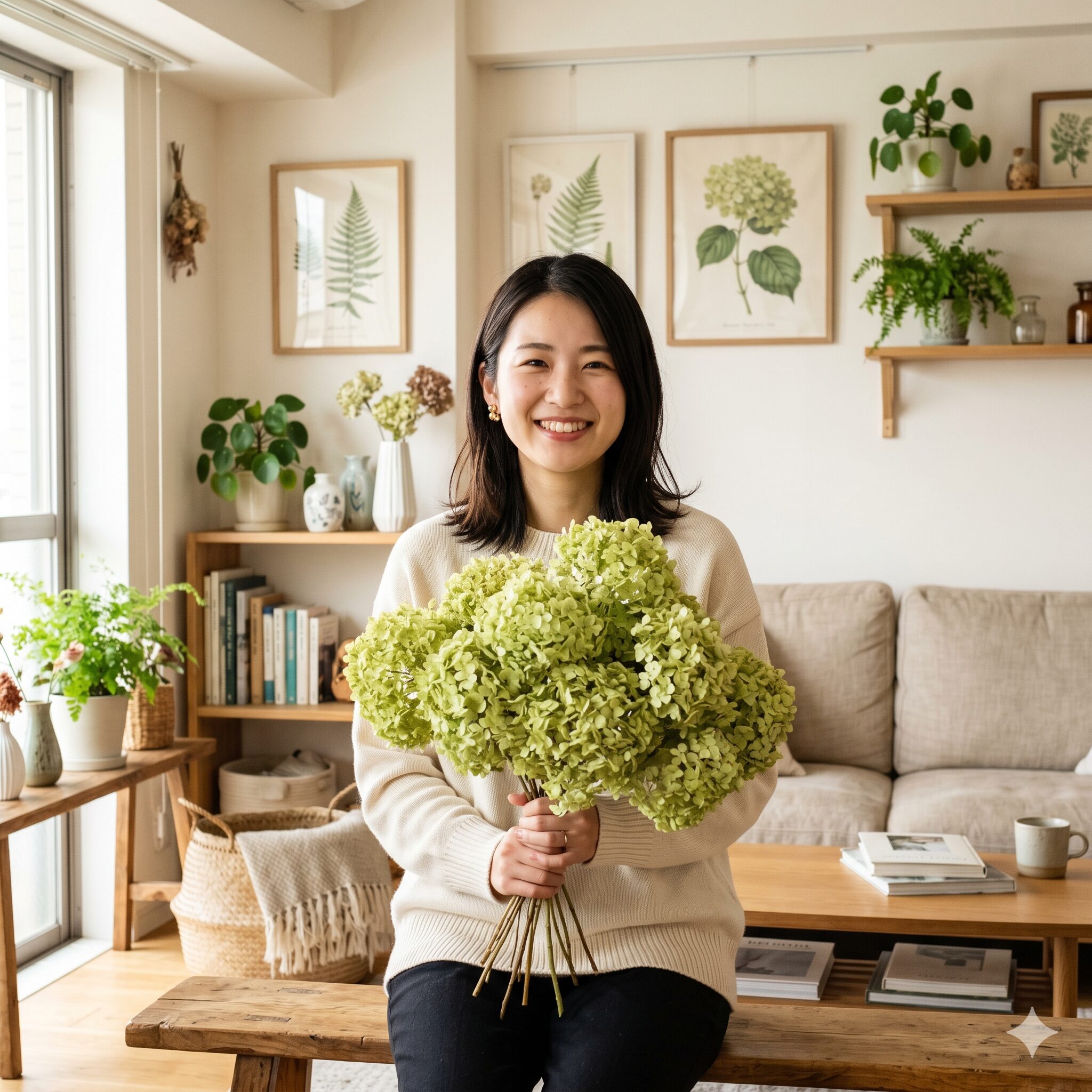 アナベル ドライフラワー1　明るい部屋で大輪のライムグリーンのアナベルドライフラワーを嬉しそうに持つ若い日本人女性の姿