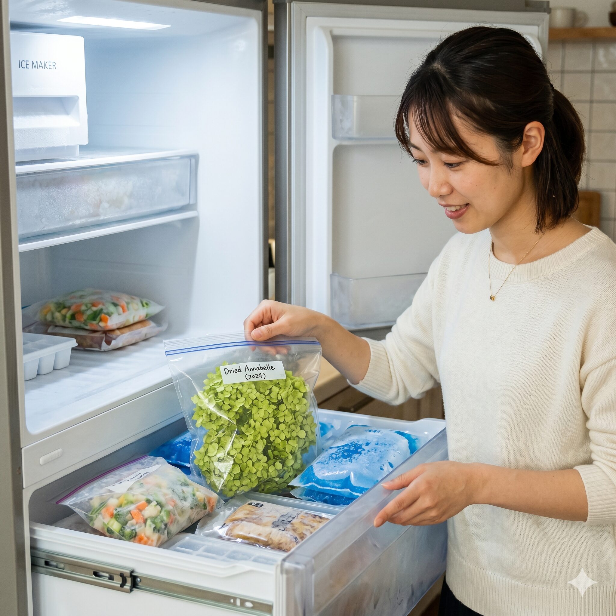 アナベル ドライフラワー8 害虫防止のためにチャック付き密閉袋に入れて冷凍庫に保管されるアナベルのドライフラワー