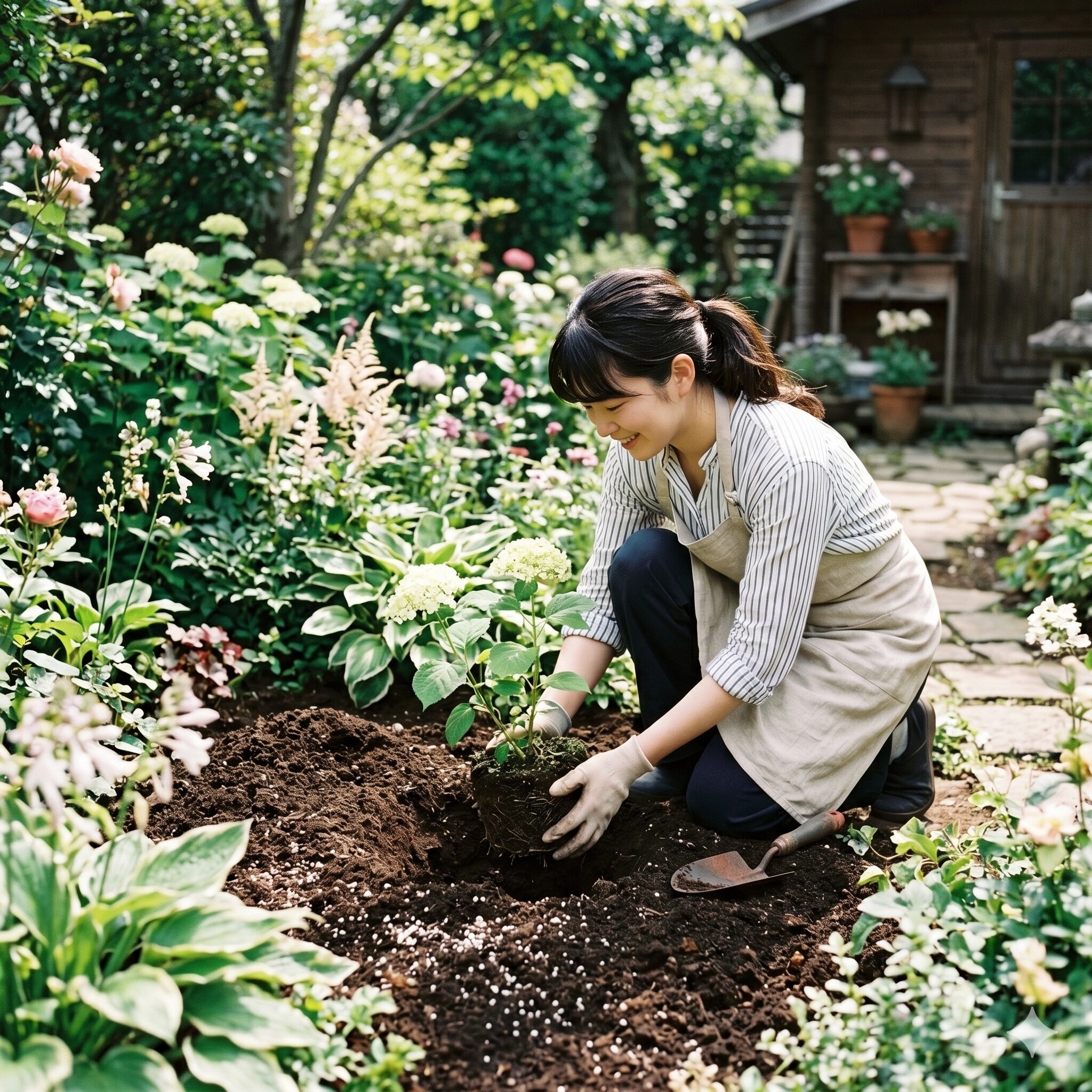 アナベル 挿し木10　お庭の最適な場所に穴を掘り元肥を混ぜてアナベルの苗木を地植えする定植風景