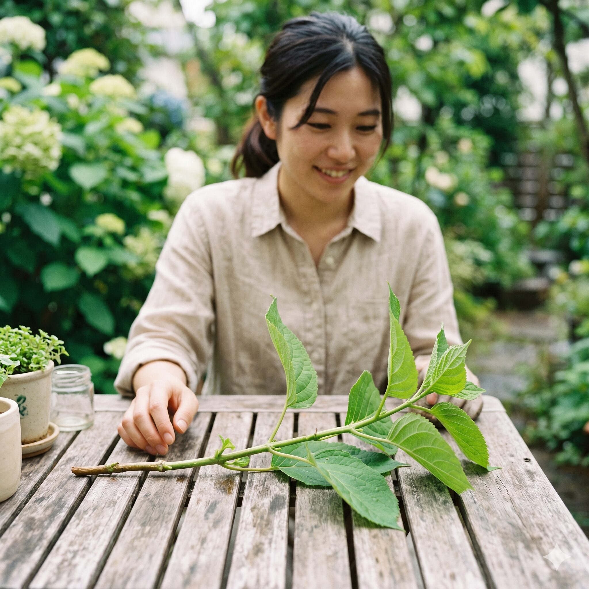 アナベル 挿し木2　初夏の緑枝挿しに適した、瑞々しく健康的なアナベルの新梢（しんしょう）