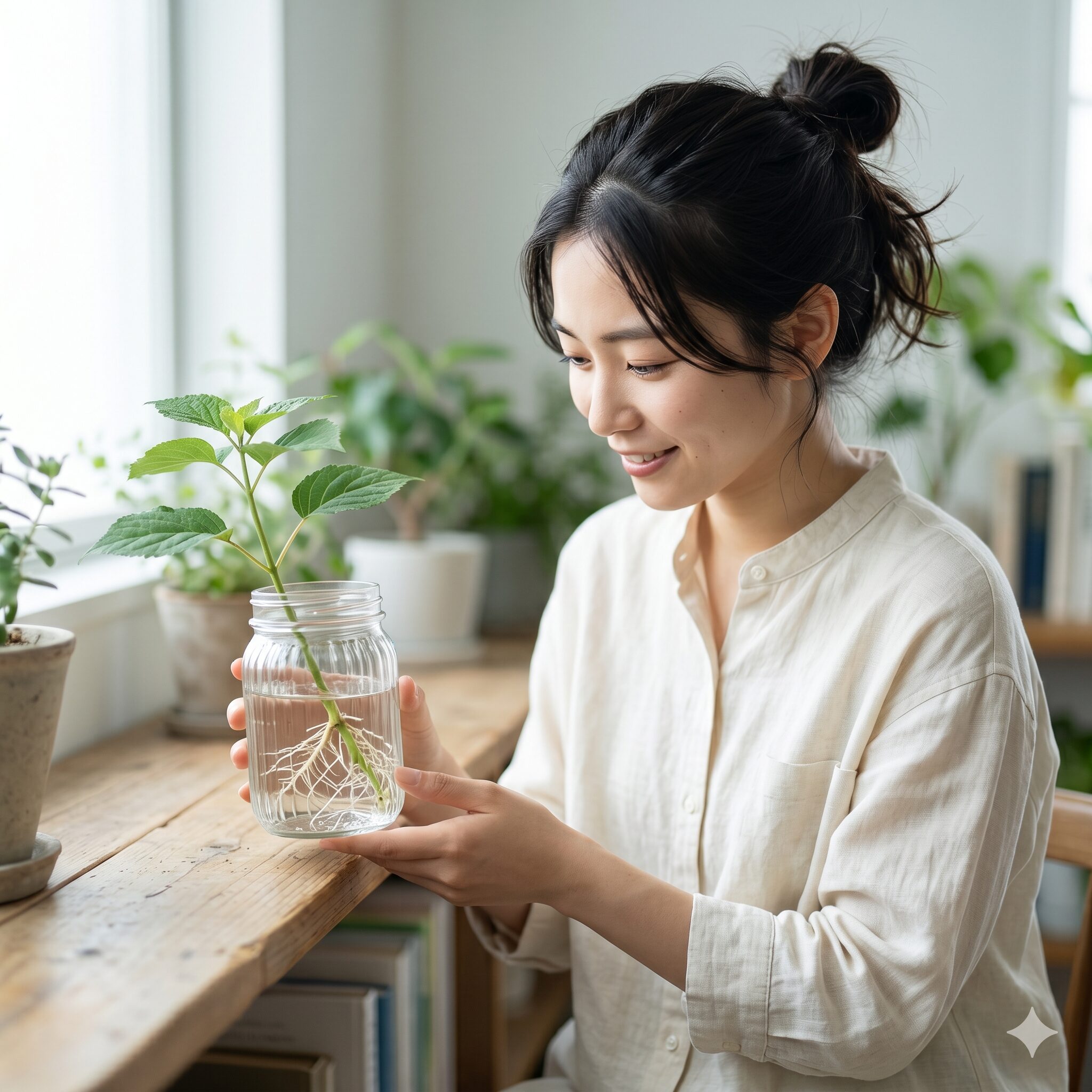 アナベル 挿し木6　透明なガラス瓶の中で白い根が綺麗に伸びているアナベルの水挿し栽培