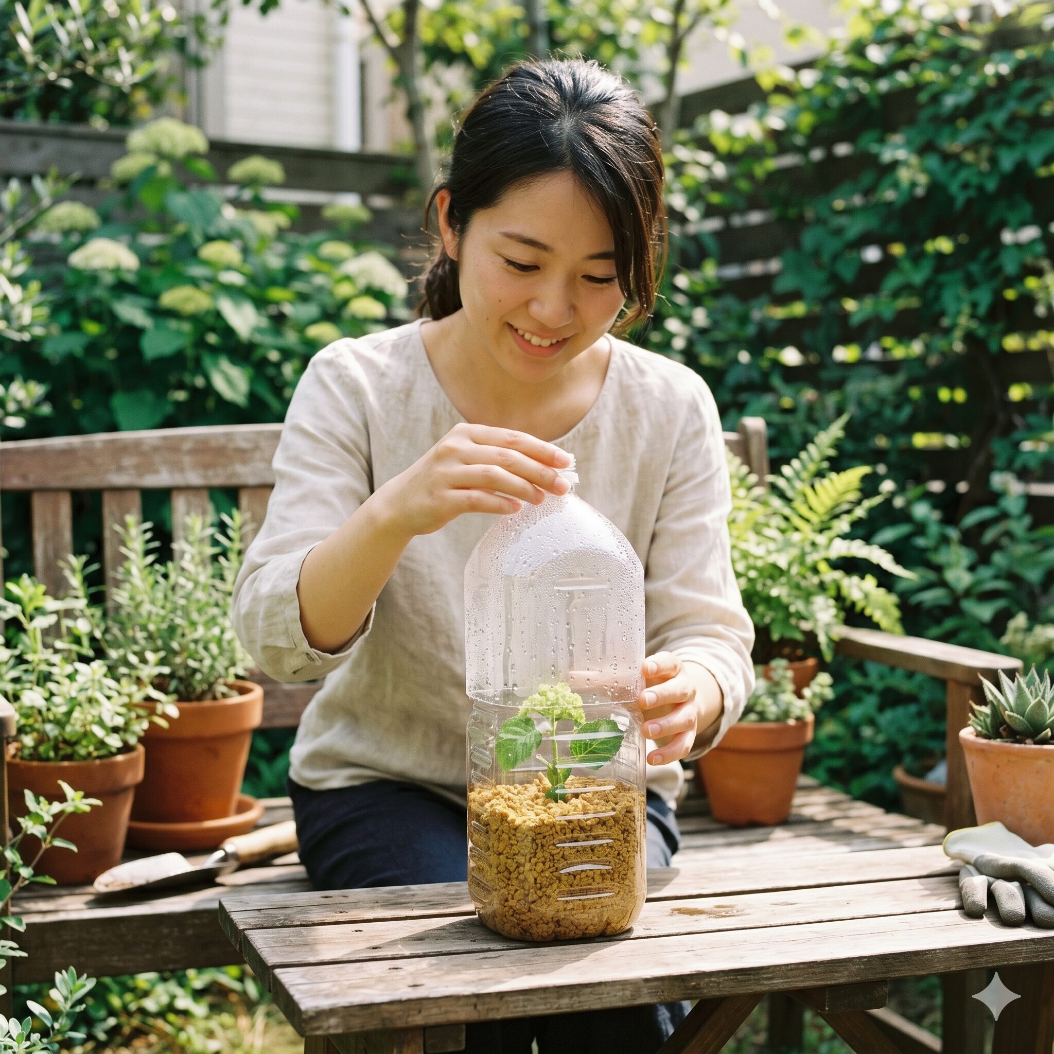 アナベル 挿し木7　内部の湿度が自動循環して結露しているアナベルのペットボトル密閉挿し装置