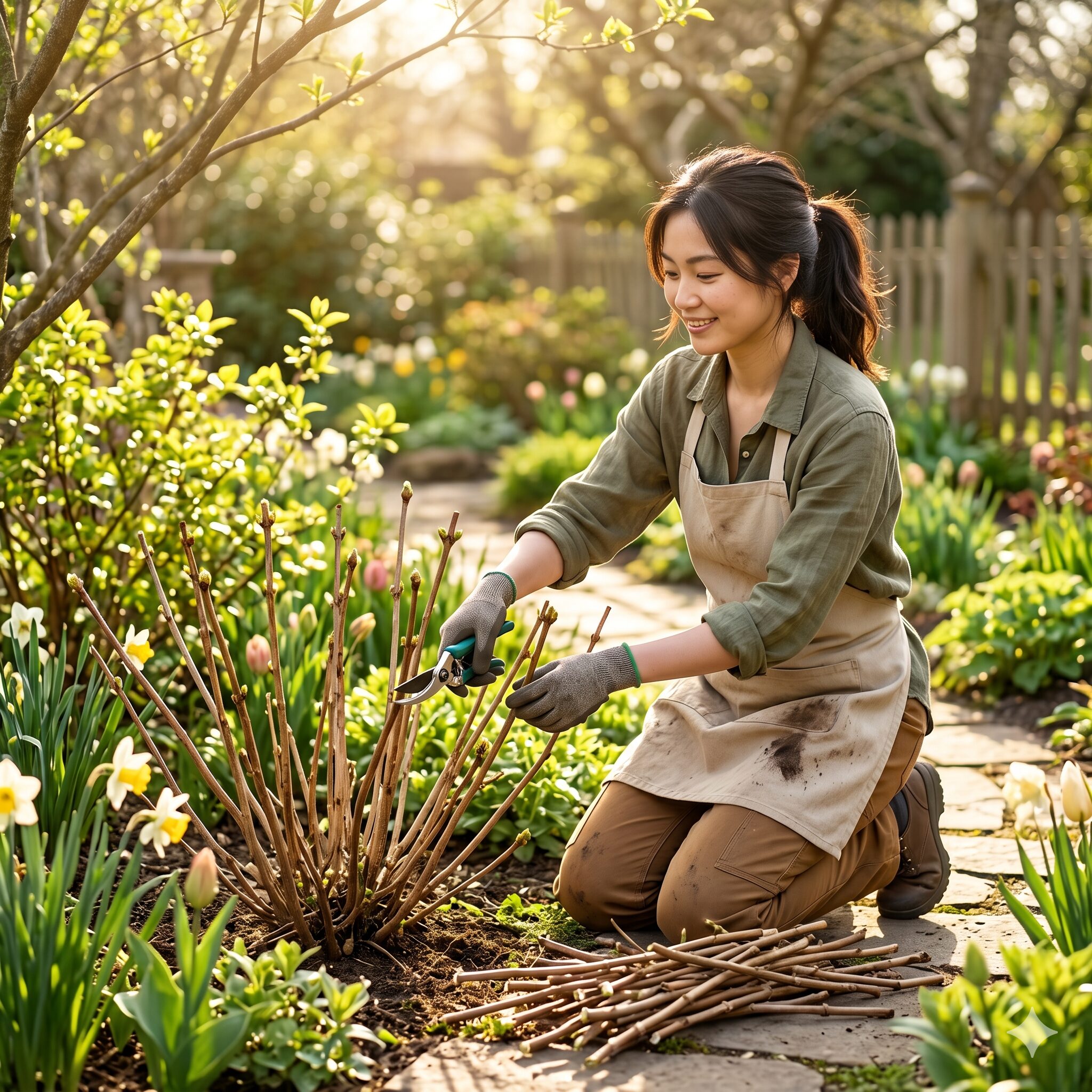 アナベル 枯れた 復活10 春の芽吹き前に新枝咲きのサイクルに合わせてアナベルを剪定する様子