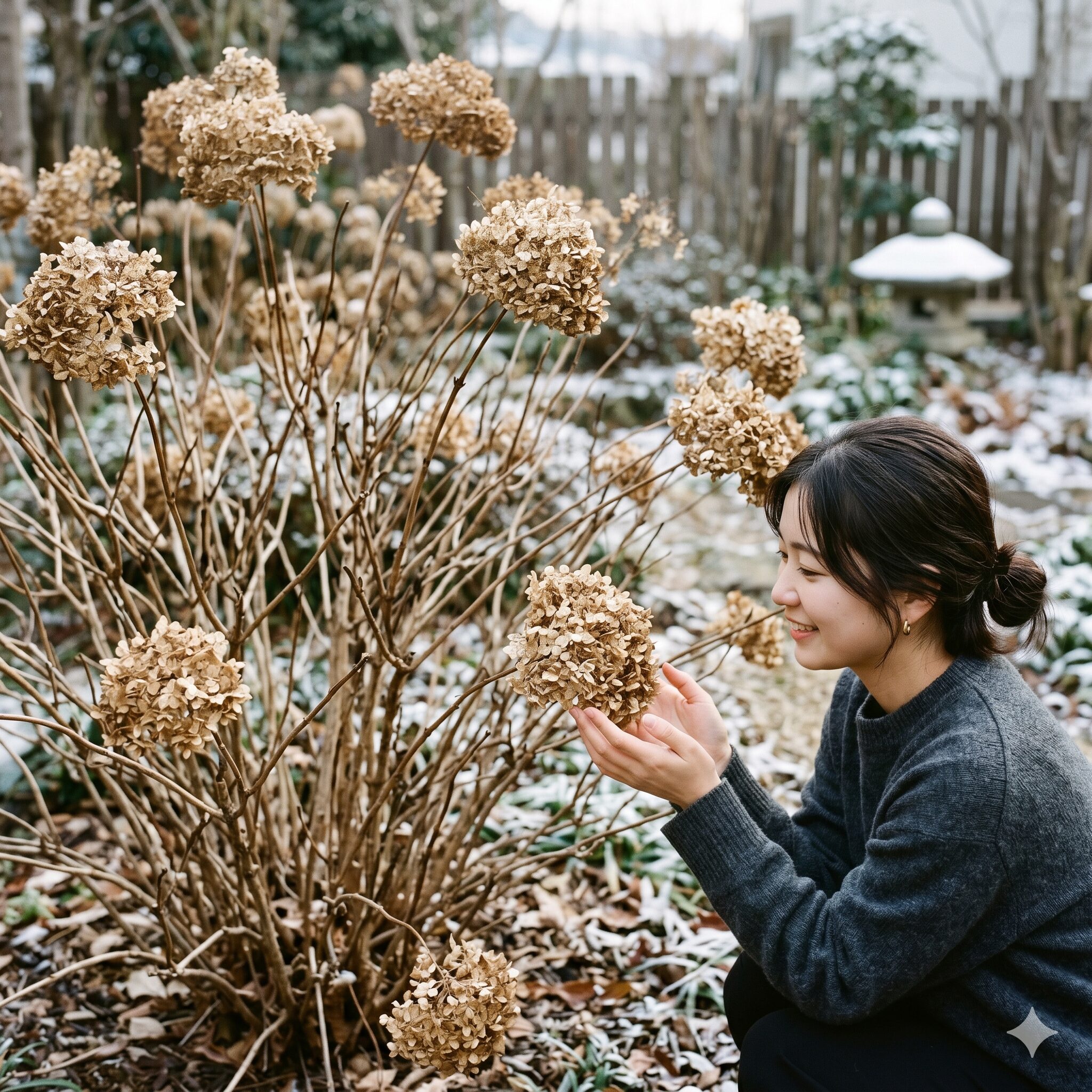 アナベル 枯れた 復活2 冬の休眠期を迎え茶色い枝とセピア色の花がらが残るアナベルの姿
