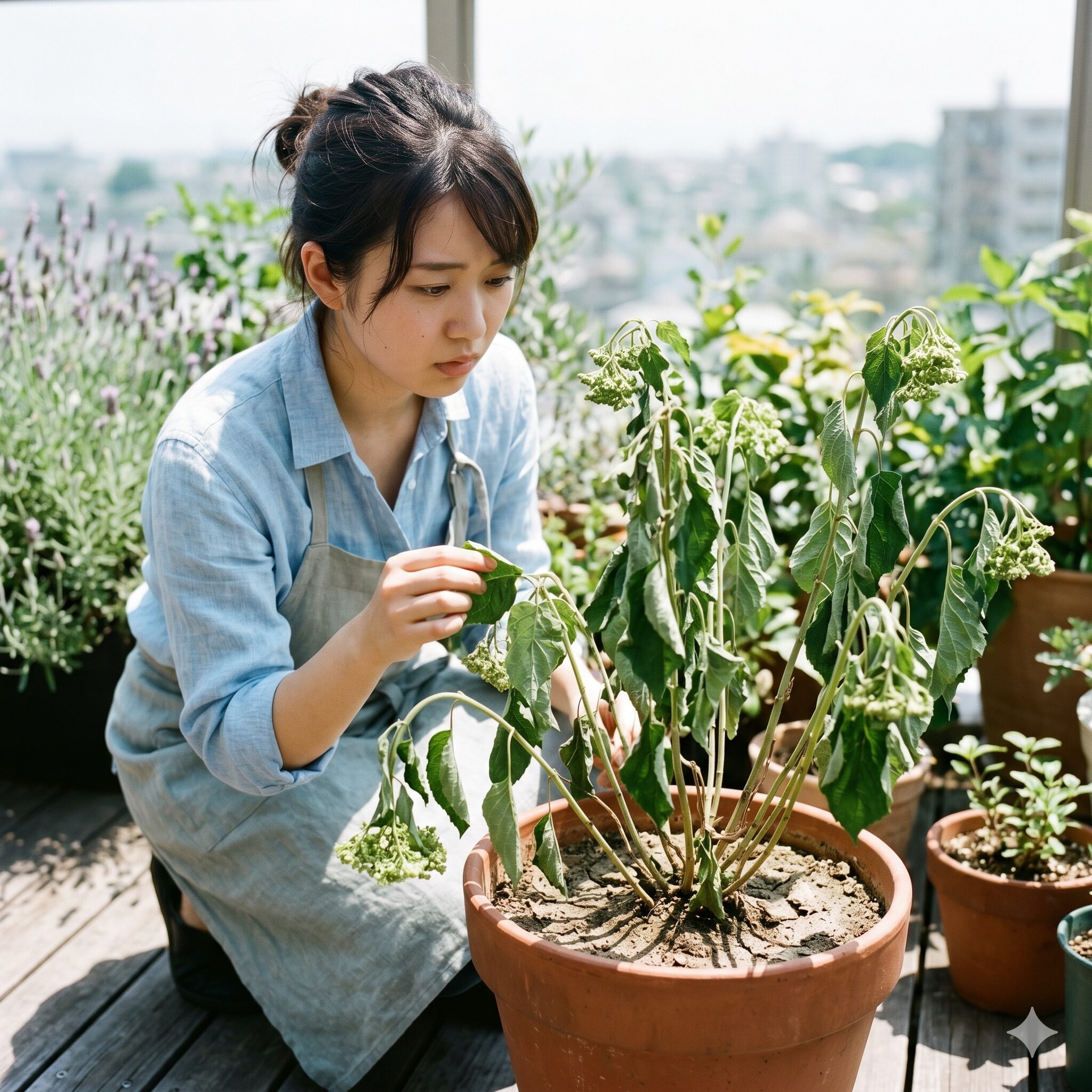 アナベル 枯れた 復活4 夏の直射日光による水切れで葉やつぼみがぐったりとしおれたアナベル