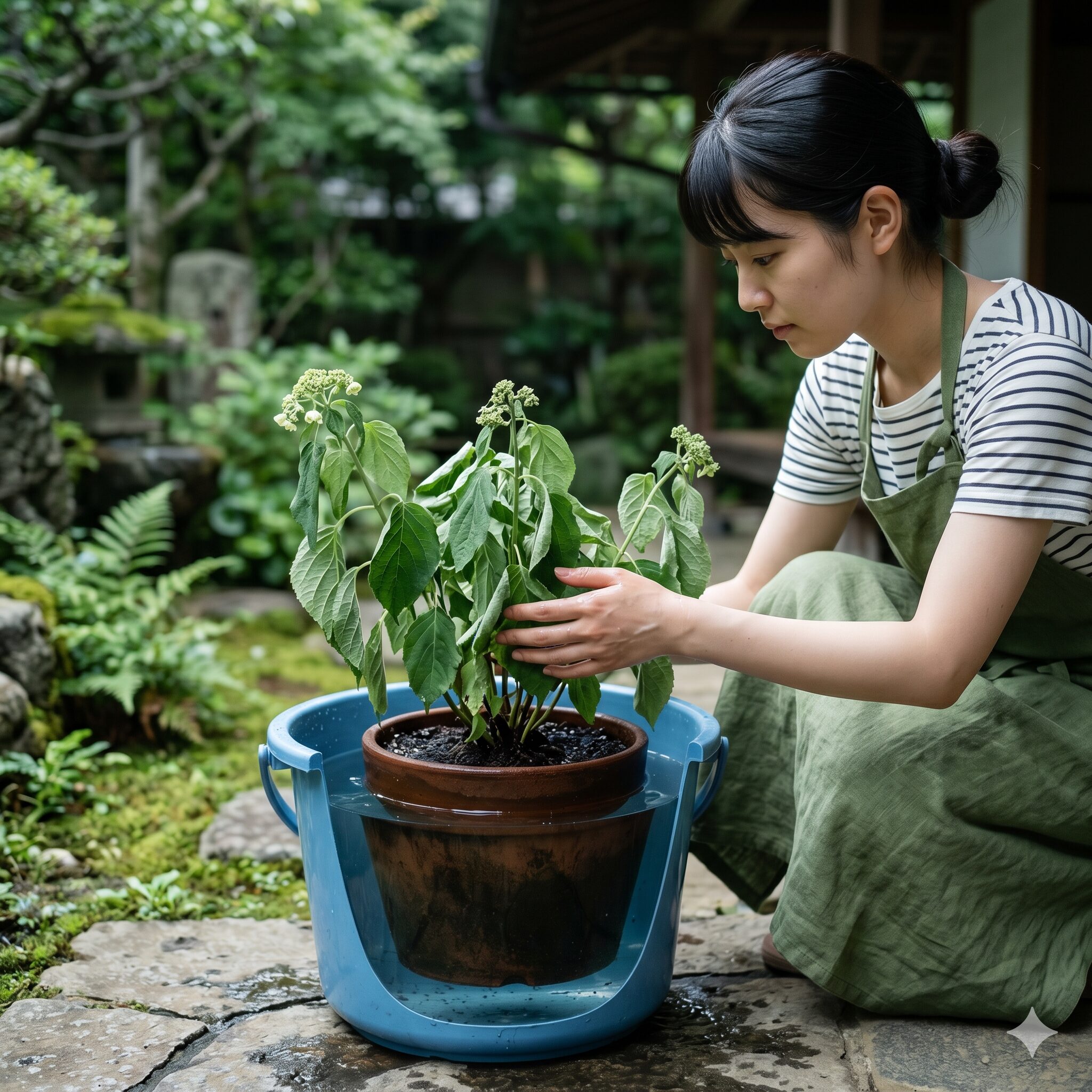 アナベル 枯れた 復活5 水切れ対策としてバケツの給水に鉢ごと浸けて腰水処置を行う様子