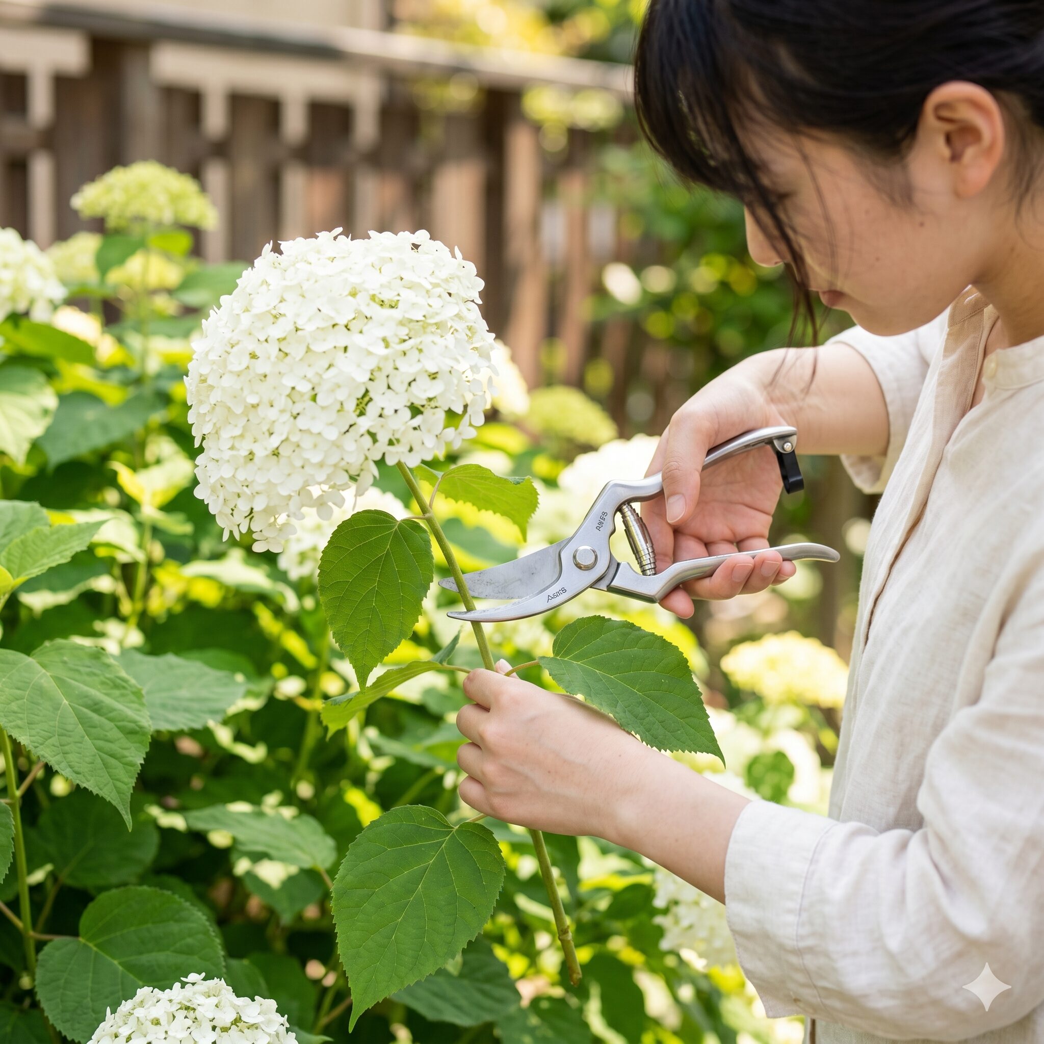 アナベル 枯れた 復活6 株の負担を減らすためアナベルの大きな花房をハサミで剪定する手元